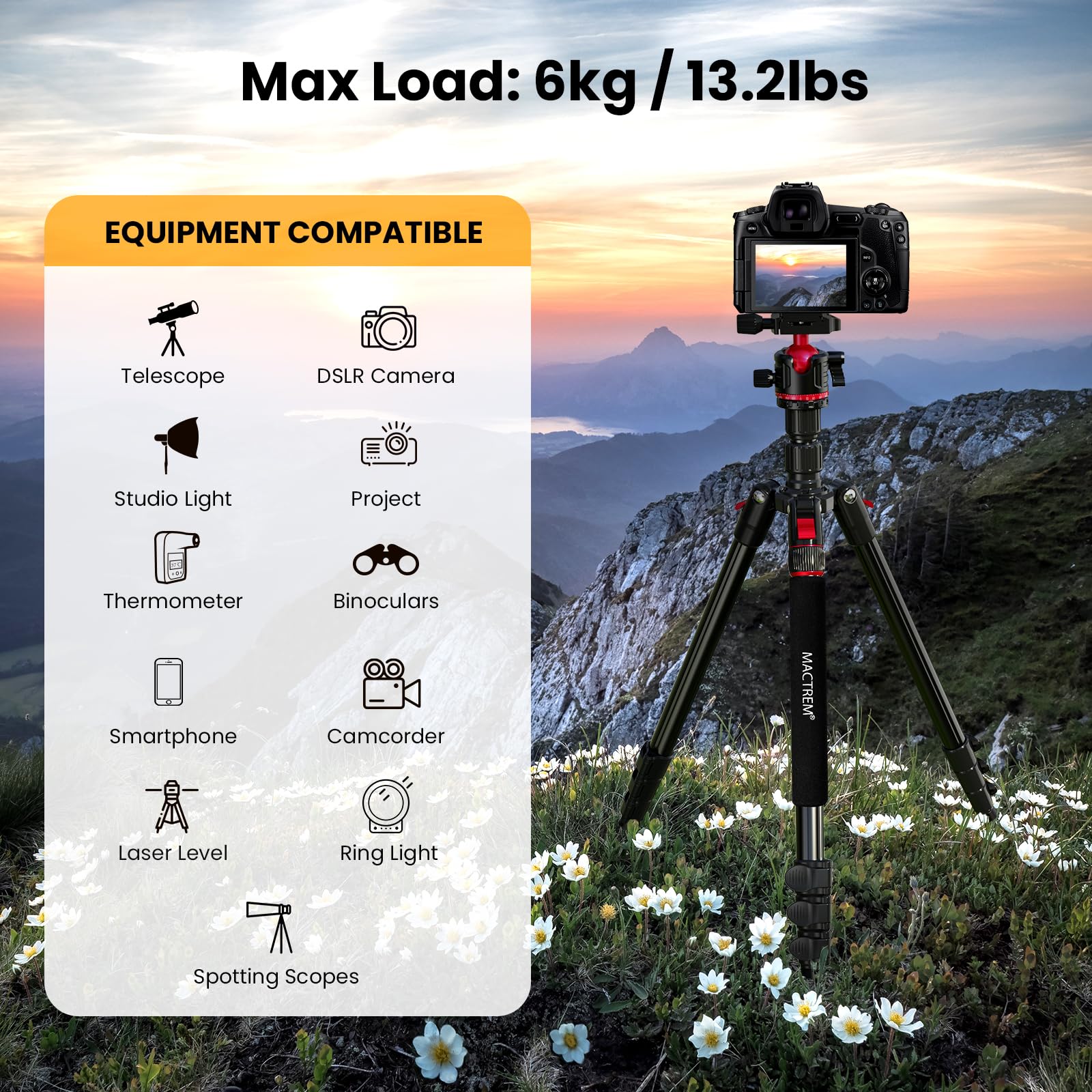 Treppiede per Fotocamera,MACTREM Treppiede da Viaggio e Monopiede in Alluminio da 74 Pollici/187 cm con Testa a sfera a 360°, Treppiede Leggero per Smartphone, iPad, Canon, Nikon, Sony