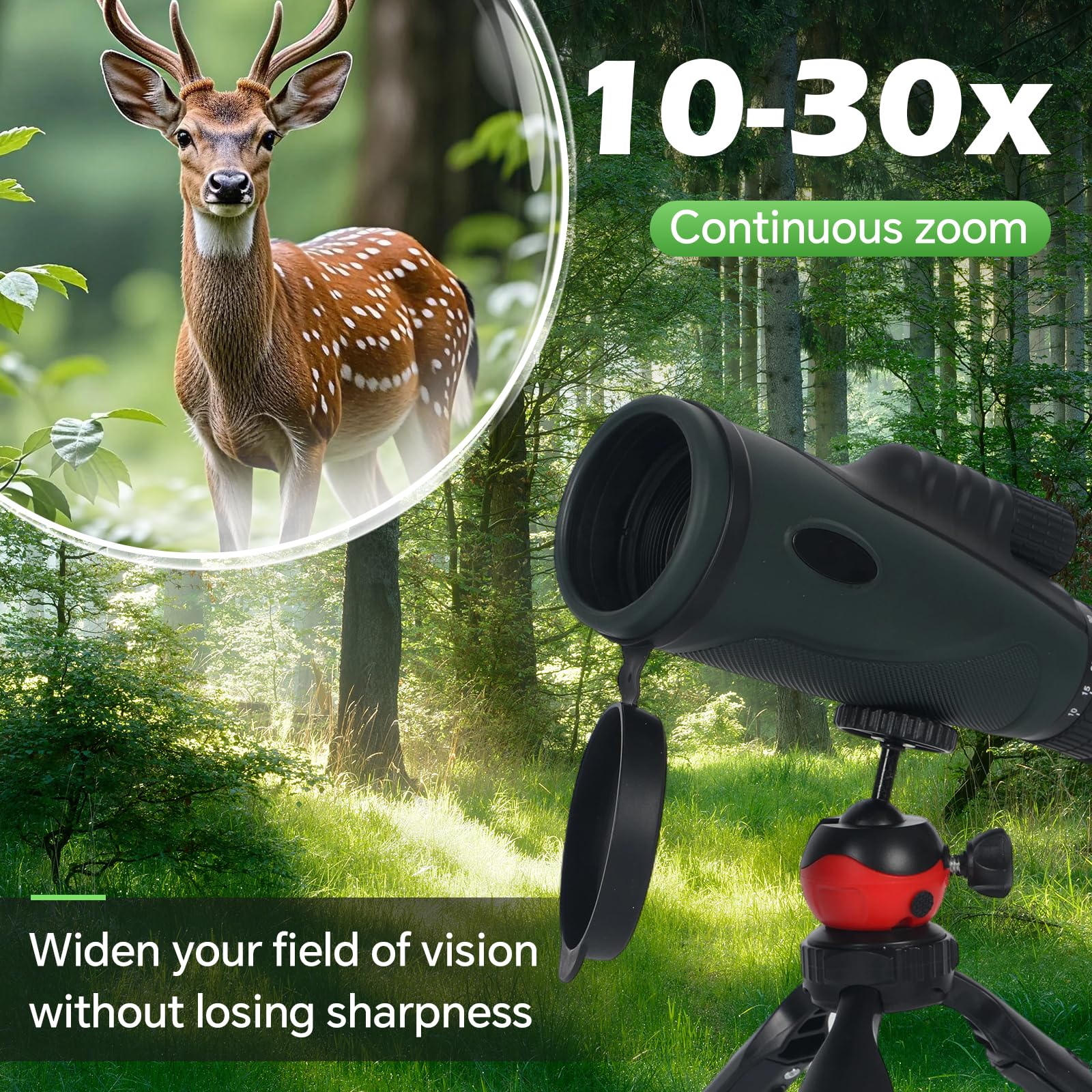 Zoom monoculaire 10-30 x 50, HD monoculaire pour adulte, avec support pour smartphone, trépied et dragonne, prisme FMC & BAK4, vision plus grande, pour le camping, l'observation des oiseaux