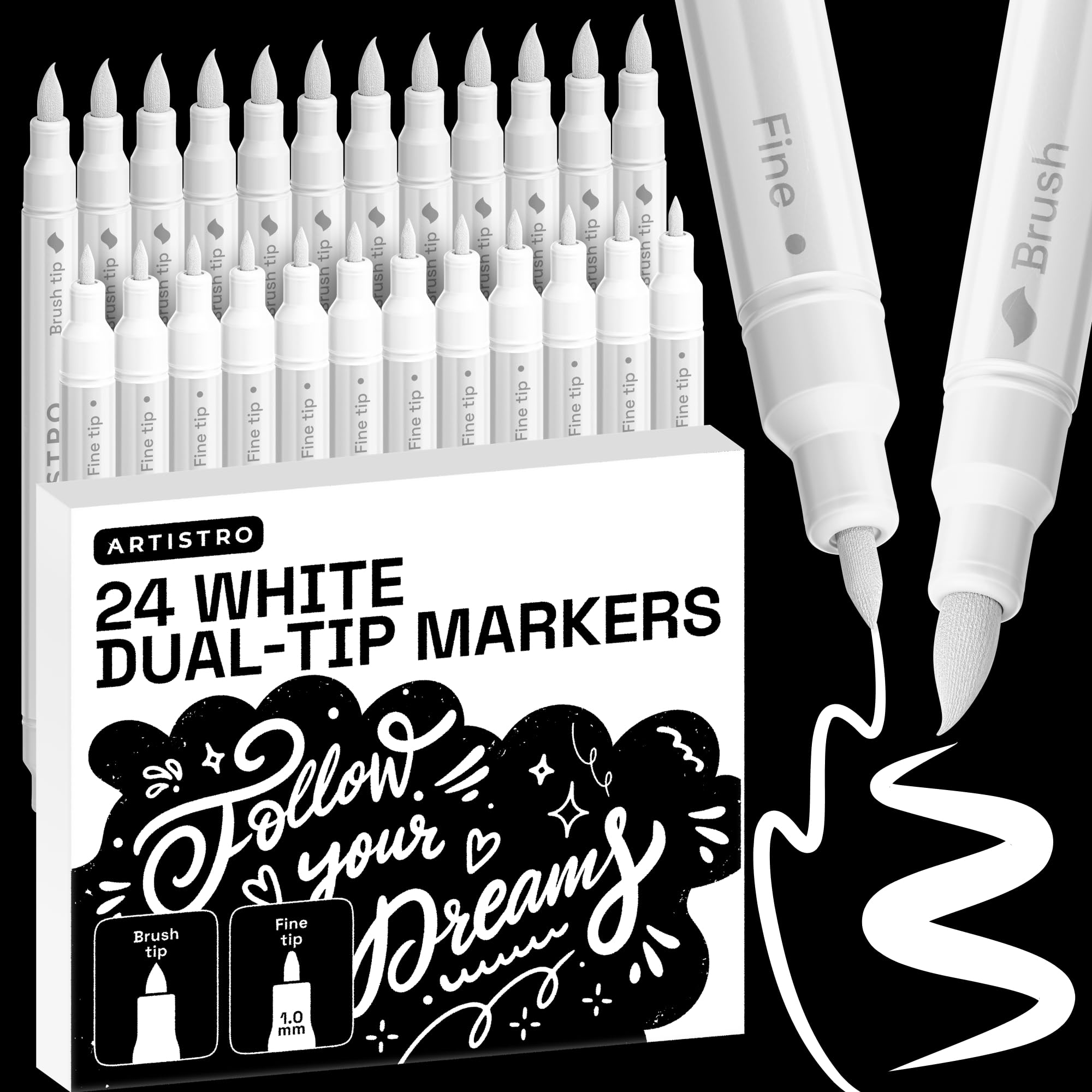 ARTISTRO 24 White Dual-Tip Acrylic Paint Marker Pens for Drawing