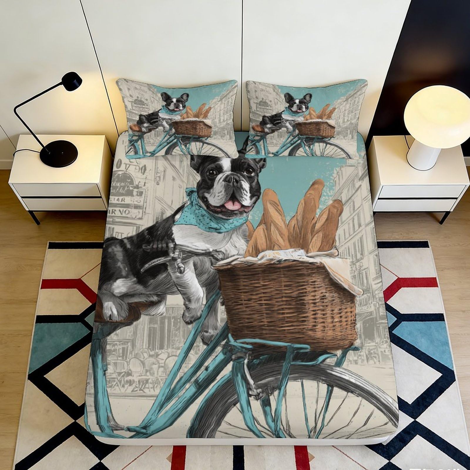 3D Printed French Bulldog Fitted Sheet Microfiber Deep Pocket Bedroom Bedding Non-Slip French Bulldog Mattress Fitted Cover 90x200x25cm