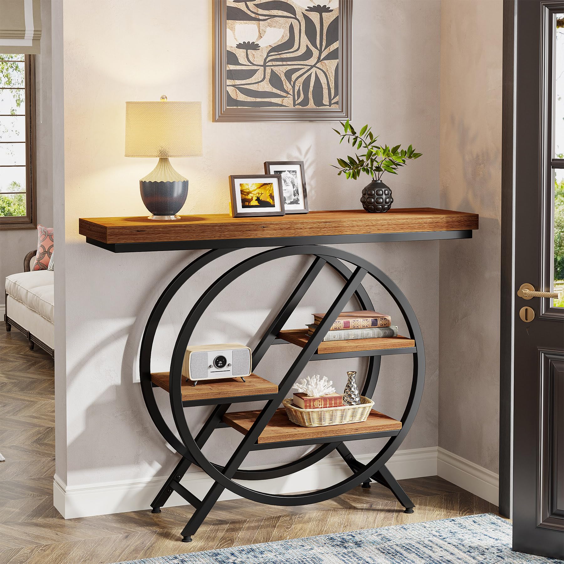 Tribesigns Tavolo consolle, tavolo da ingresso da 90 cm con piano ispessito, divano industriale stretto a 4 livelli con struttura geometrica in metallo per soggiorno, ingresso, marrone chiaro