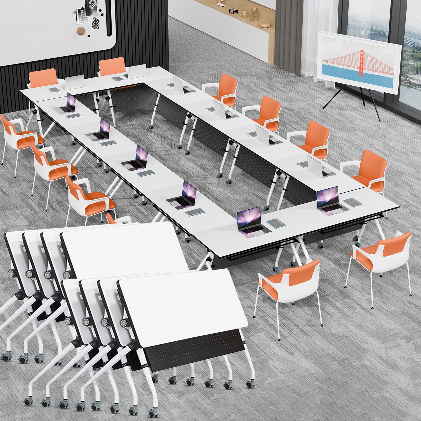 Folding Conference Table, Conference Room Tables with Wheels Foldable Large Rectangle Meeting Seminar Table for 6-12 People, Flip Top Mobile Training