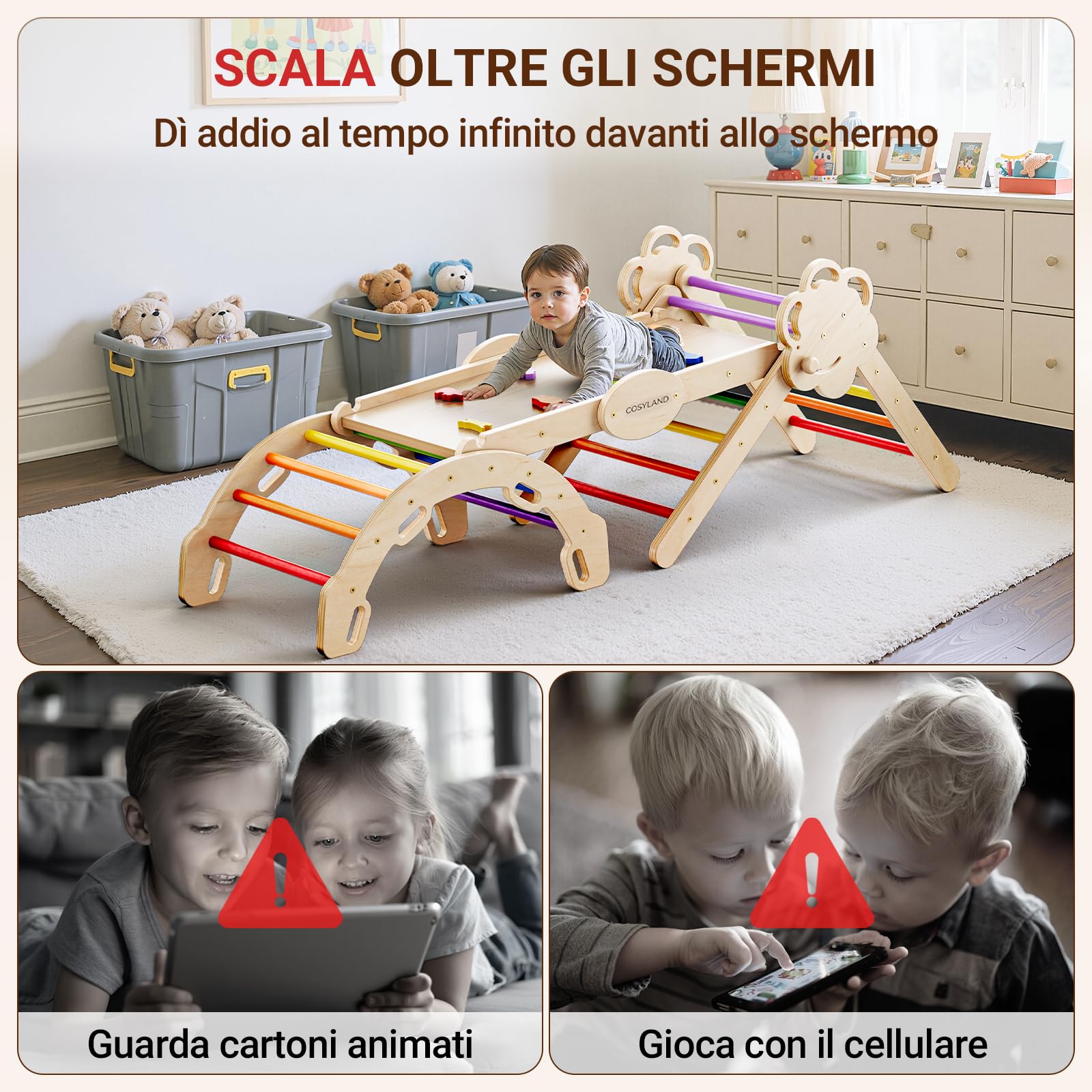 COSYLAND Set Arrampicata per Bambini 8-in-1, 18 Mesi-6 Anni, L, Multicolore | Con triangolo da arrampicata, scivolo e rampa, struttura pieghevole salvaspazio, adatto da 18 mesi-6 anni