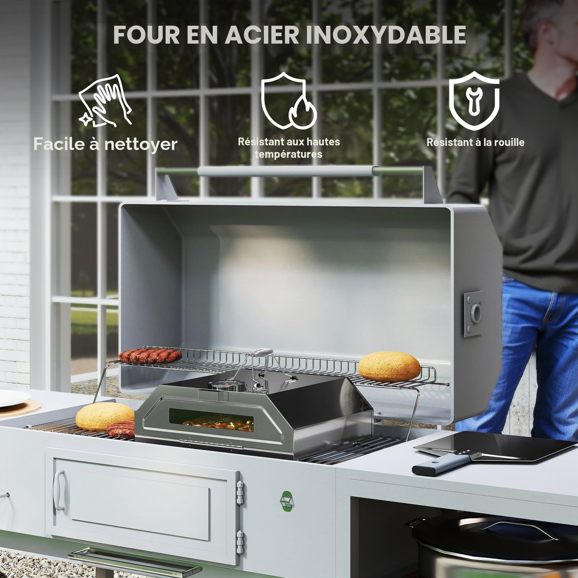 Outsunny Four à pizza portable 20,3 cm acier inoxydable thermomètre intégré fenêtre visualisation barbecue gaz charbon bois poignées transport