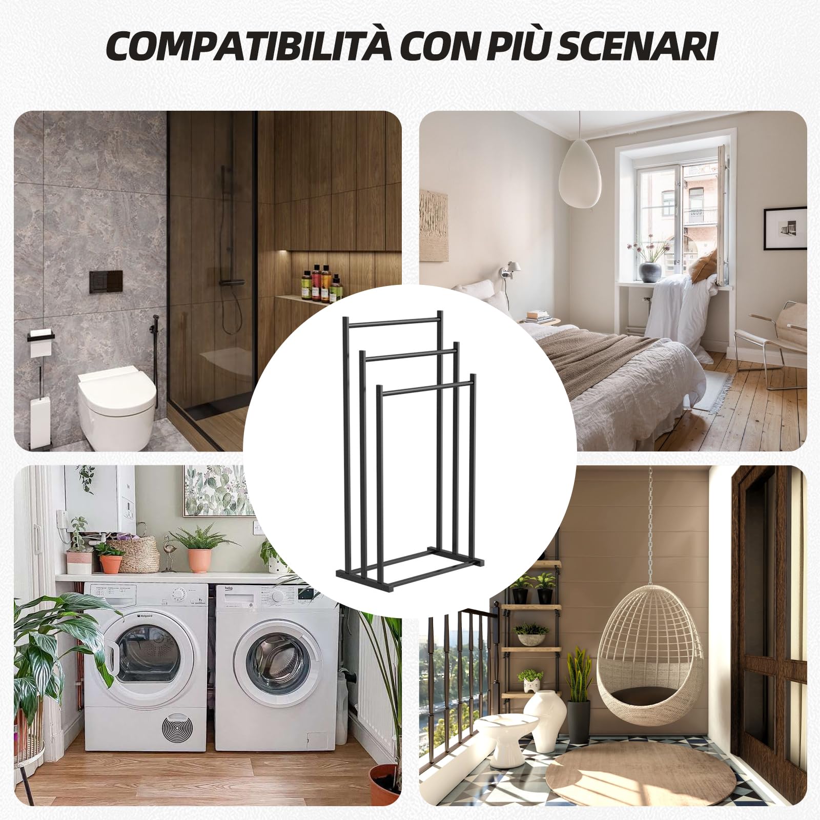 Portasciugamani nero a terra – 3 aste, metallo