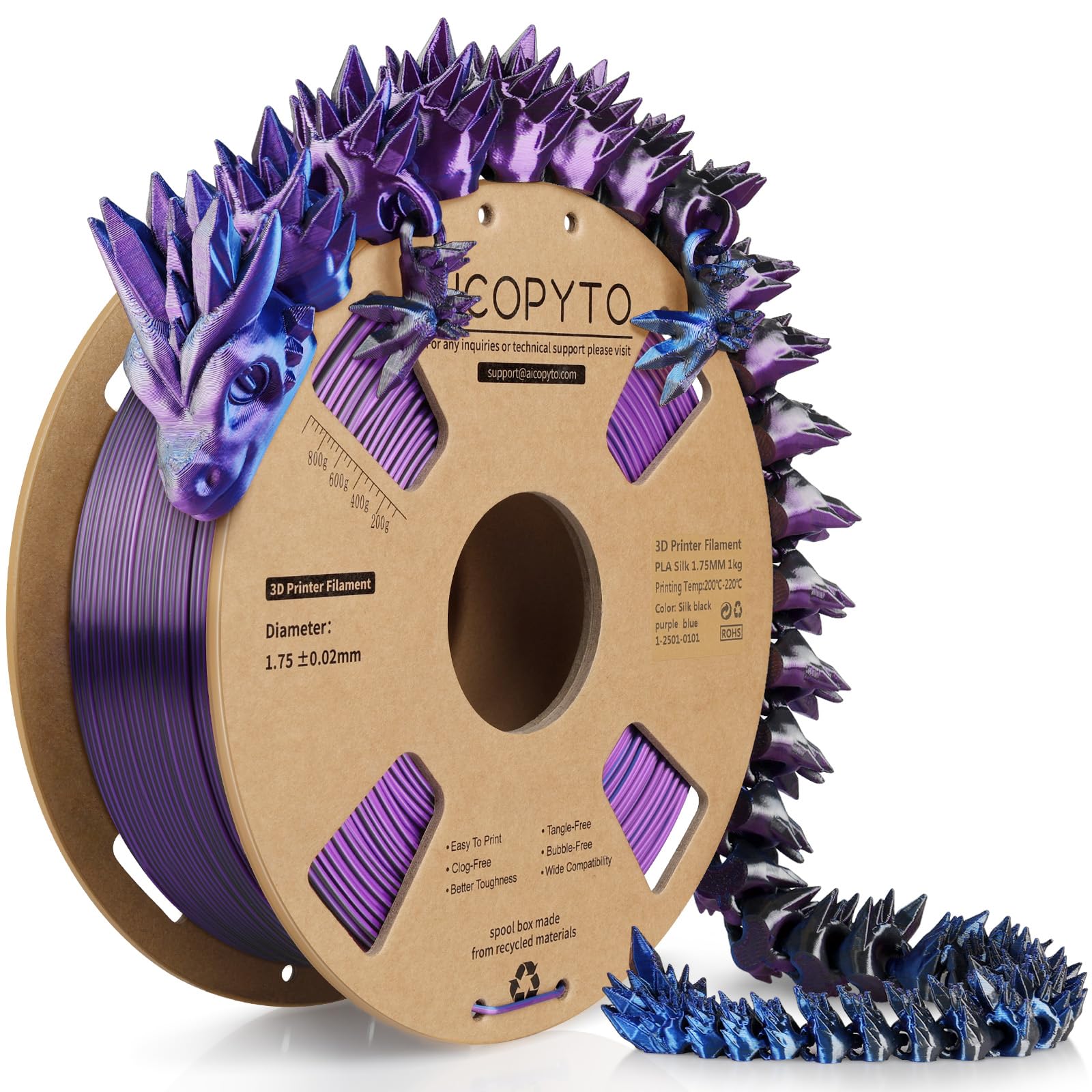 3D Printer Silk PLA Filament 1.75mm, Shiny Triple Color Black Blue Purple, Dimensional Accuracy +/- 0.02 mm, 1KG (2.1lbs)/Spool Easy to Print for Most FDM 3D Printers