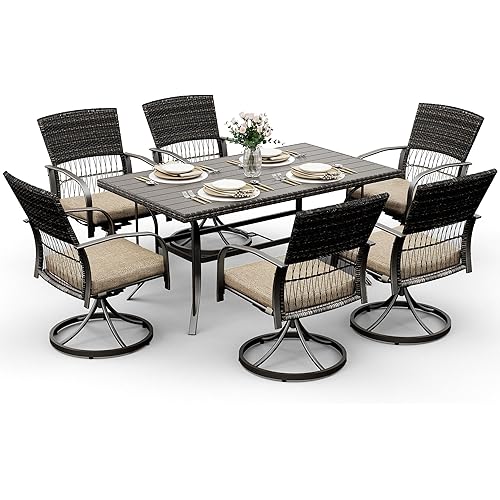 Pamapic 7 Piece Patio Dining Set for 6,Outdoor Wicker Furniture Set for Backyard Garden Deck Poolside with 6 Cushions Swivel Rocker Chairs,Iron Slats Table Top, Removable Cushions(Beige)