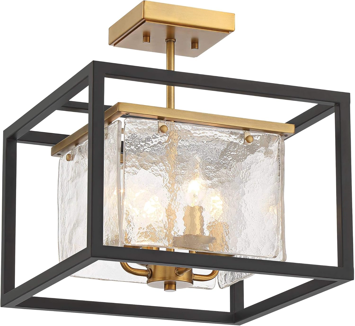 Possini Euro Design Liston Modern Ceiling Light Semi Flush-Mount Fixture 14" Wide Black Brass 4-Light Ice Glass Panels for Bedroom Kitchen Living Room Hallway Dining Bathroom Schoolhouse House