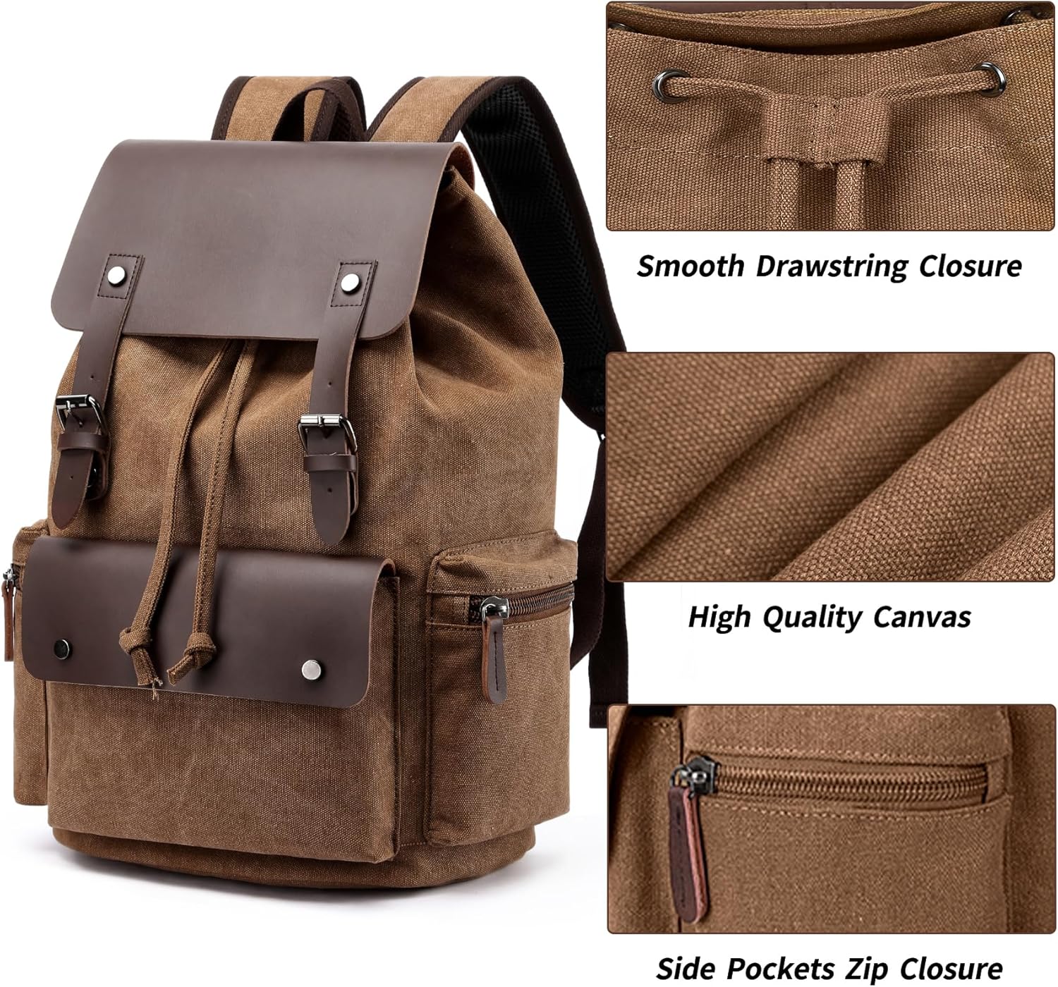 Retro Canvas & Leather Laptop Backpack, Unisex 16 Inch Computer Bag for Work Travel & University, Vintage Style Rucksack