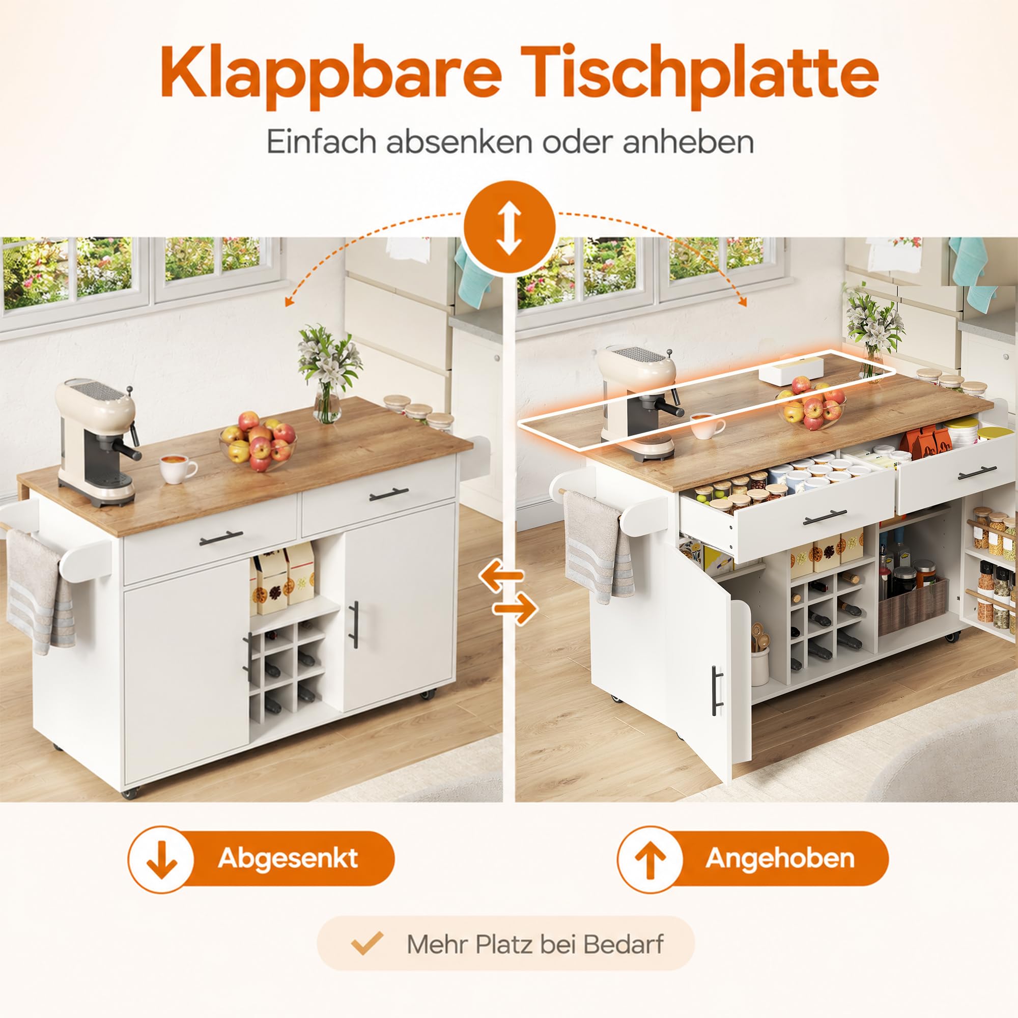 Isola da cucina con piano di lavoro pieghevole, bianco, carrello da cucina arrotolabile con vano portaoggetti, 2 cassetti, scaffale per vino, portaspezie, portasciugamani, design salvaspazio
