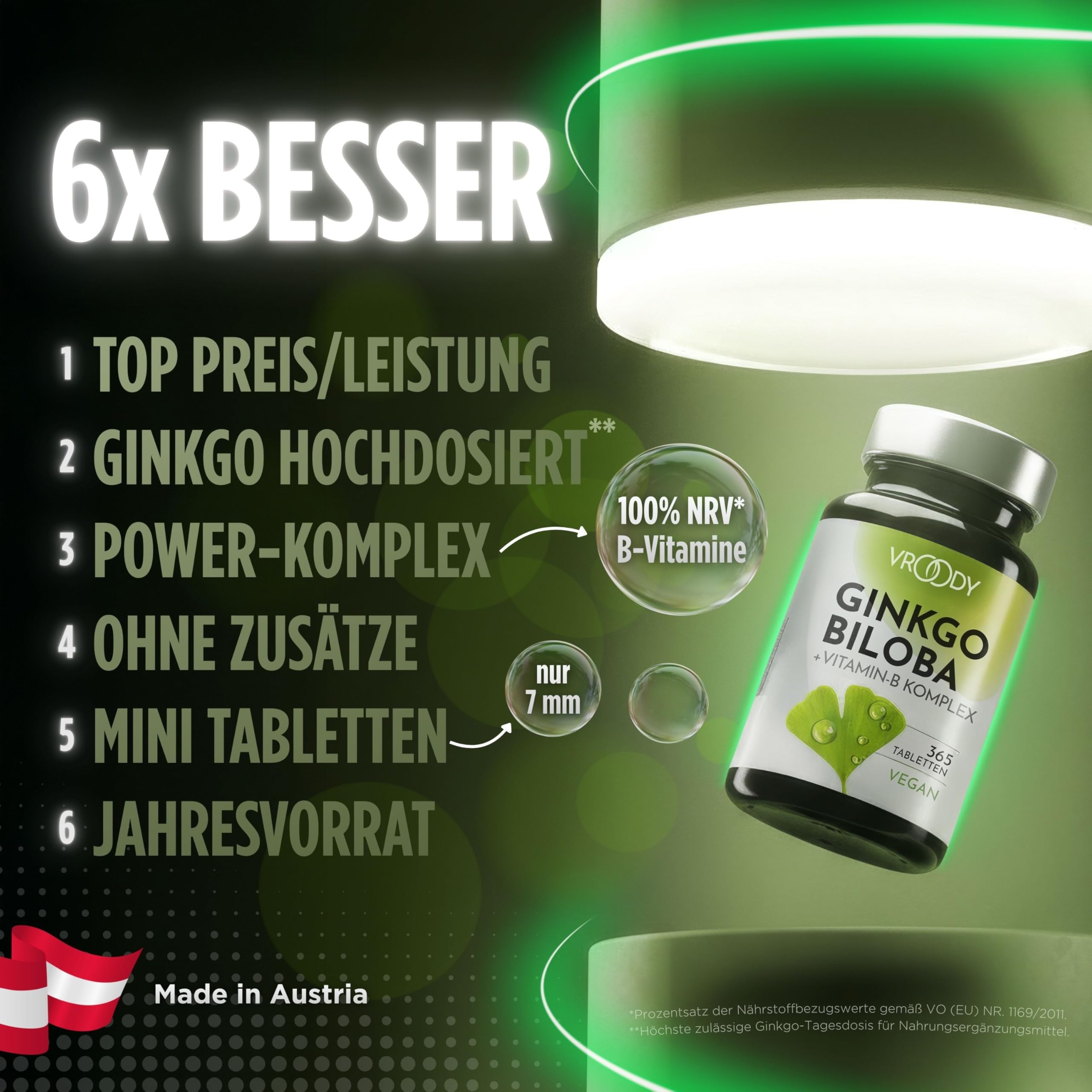 VROODY Ginkgo Biloba Extrakt hochdosiert - mit Vitamin B12 trägt zur Verringerung von Müdigkeit und Ermüdung bei - 365 kleine Tabletten die leicht einzunehmen sind