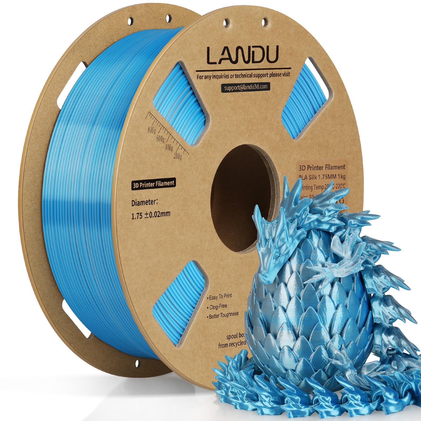 LANDU Silk Dual Color PLA Filament 1.75mm 1KG, 3D Printer Filament Dimensional Accuracy +/- 0.02mm, Coextrusion Filament PLA Shiny Filament Fits for Most FFF 3D Printers,1KG Spool,Blue Silver