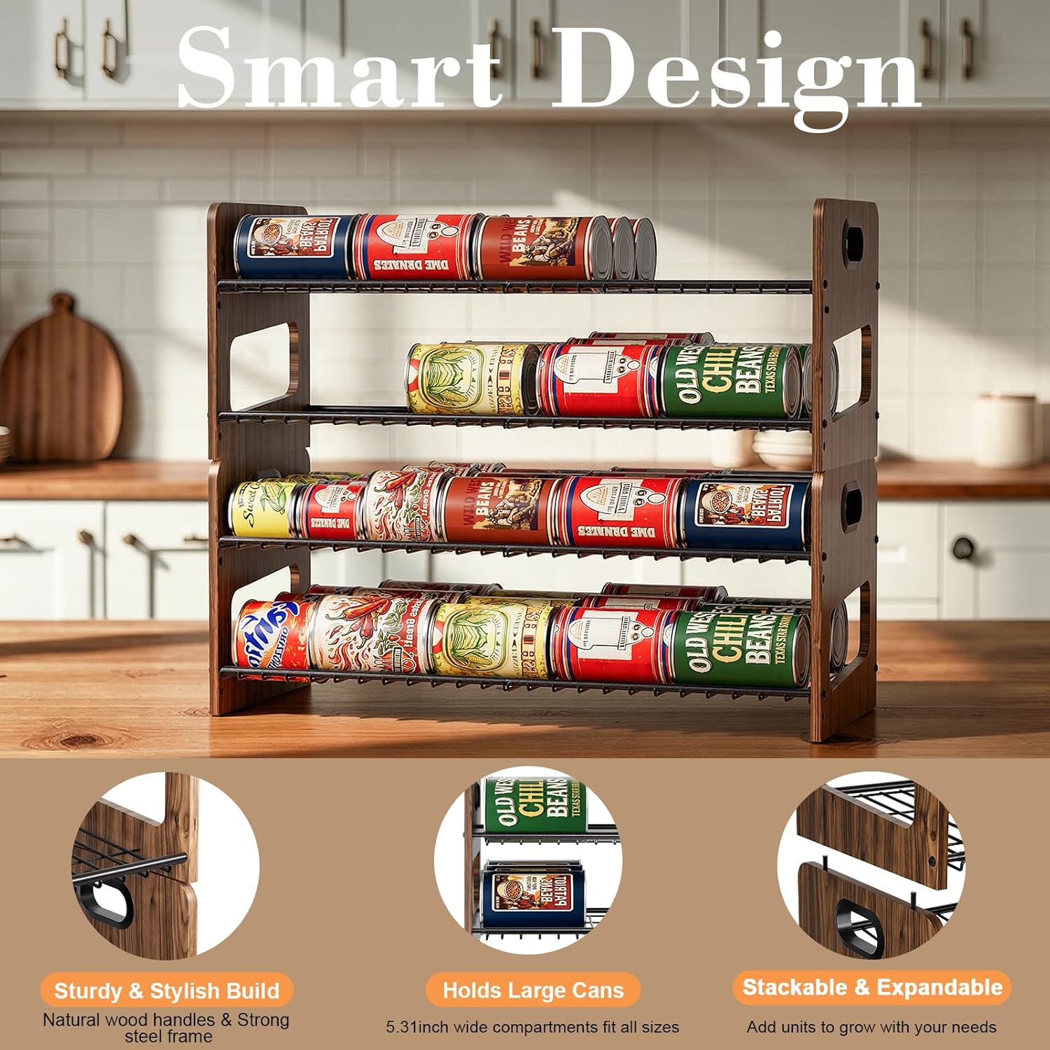 Stackable 2-Tier Can Organizer for Pantry, Space-Saving Pantry Organizer Holds up to 64 Canned Goods, Sturdy Black Shelf for Soup & Food Storage
