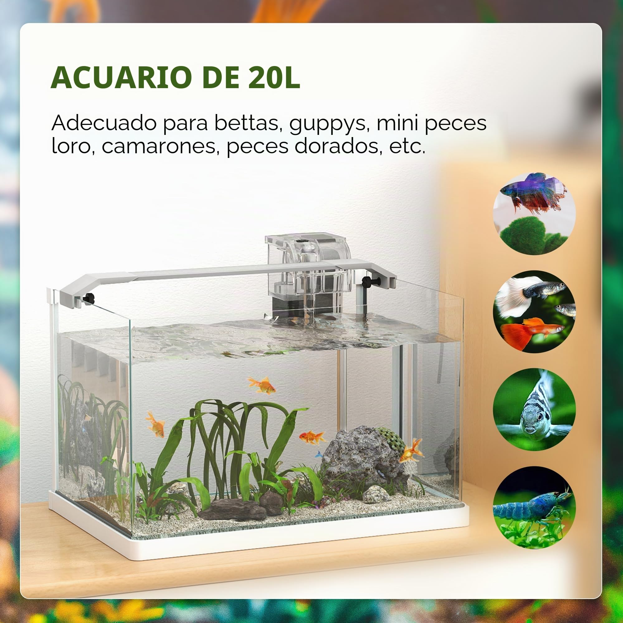 PawHut Acuario de Vidrio con LED, 20L, Bomba de Filtro, Blanco