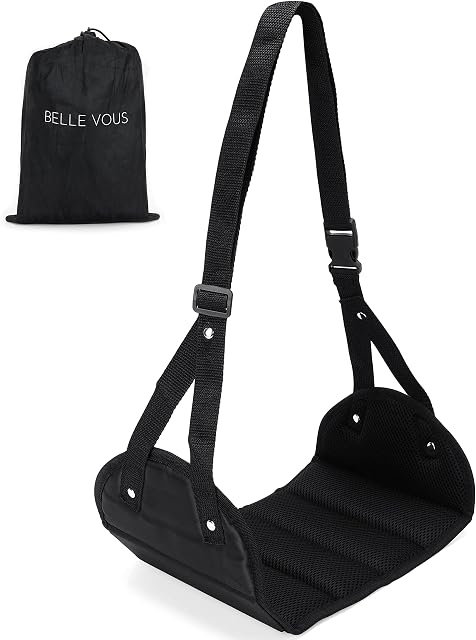 BELLE VOUS Airplane Footrest - Black Portable Travel Foot Rest - Adjustable Hanging Footrest Hammock - Relaxing/Comfortable Accessory for Office, Home & Travel - Rest Legs and Prevent Swelling