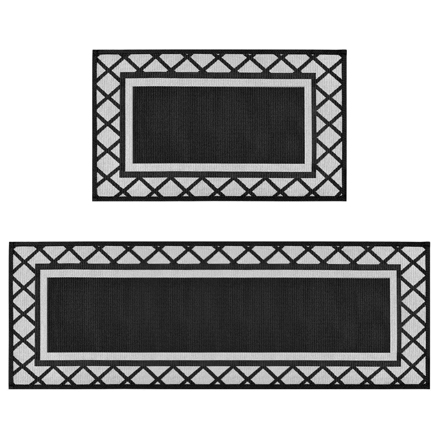 Artoid Mode Diamond Plaid Washable Absorbent Kitchen Mats Set of 2, Kitchen Rugs for Floor Hallway Laundry Room Front of Sink Black - 17x29 and 17x47 Inch