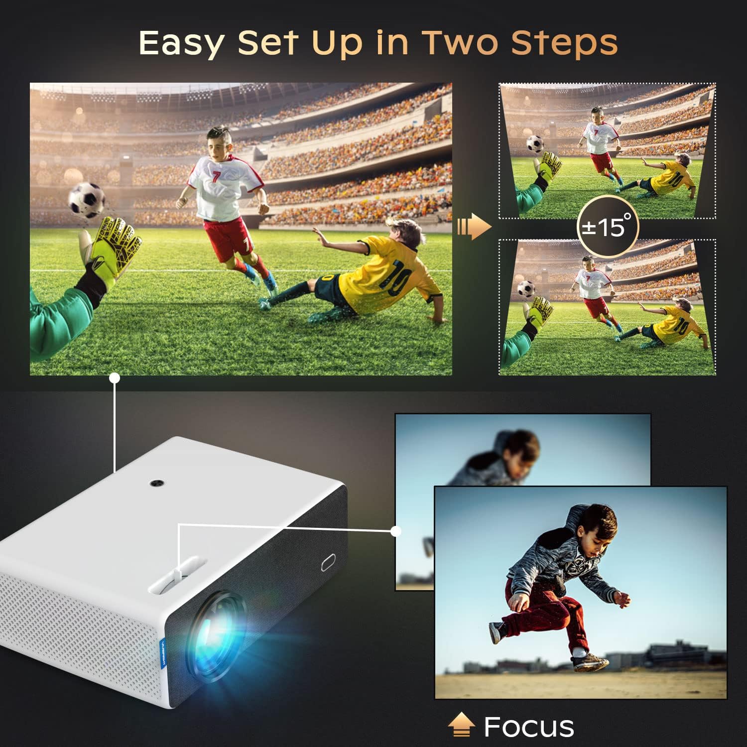 Image showing the projector's various input ports: Headphone, USB1, USB2, HDMI1, HDMI2, and VGA, with a gaming scene projected.