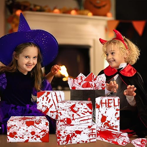 Miniatura 6 de AnyDesign Papel de seda sangriento de Halloween, estampado de manos sangrientas, fantasma, calabaza, papel de regalo de terror, papel de seda para