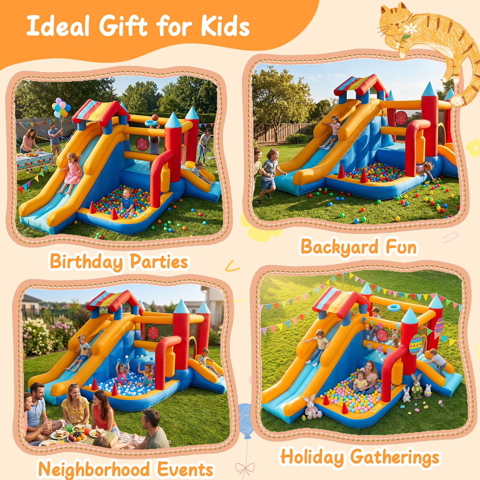 Castillo Hinchable para Niños, FOOING 9 en 1 Casa Inflables con Soplador de Aire, Trampolín, Tobogán, Estante Baloncesto, Pared Escalada, Casa Inflable Interior al Aire Libre para Fiesta Cumpleaños