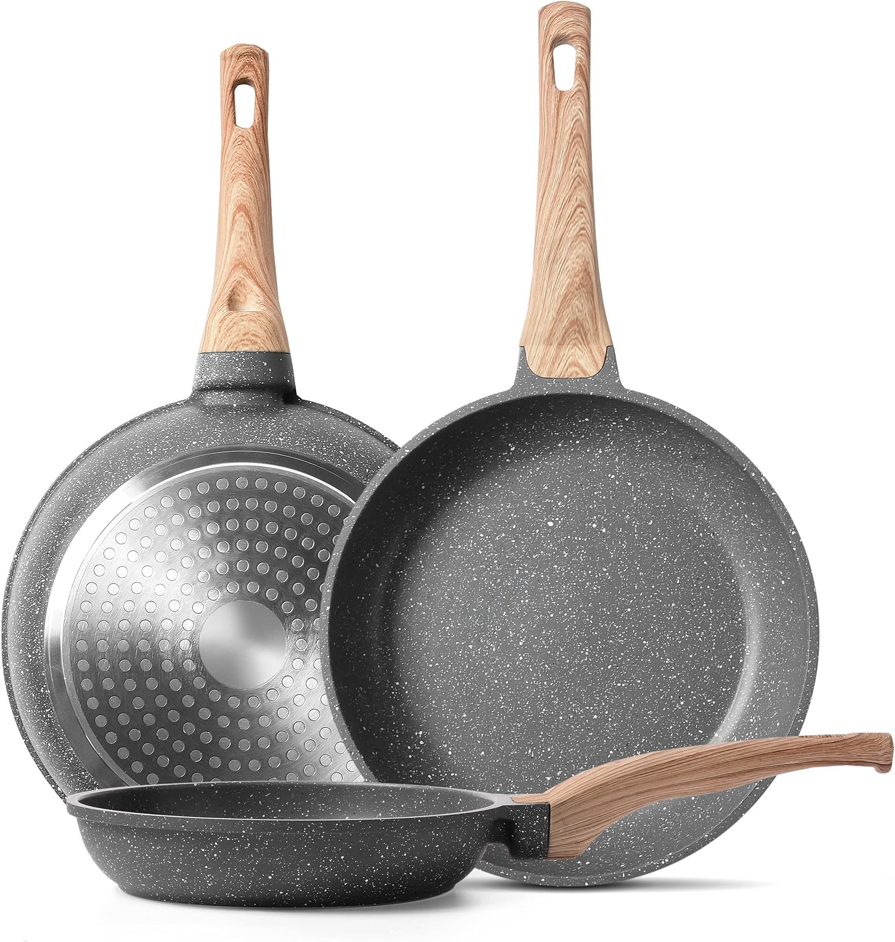 CaannasweisNonstick Granite Frying Pan Skillet, Non Stick Omelette Fry Pans, Omelet Egg Pan, Stone Cookware Chef's Pan, Induction Compatible, PFOA Free (Gray, 3 Pcs)