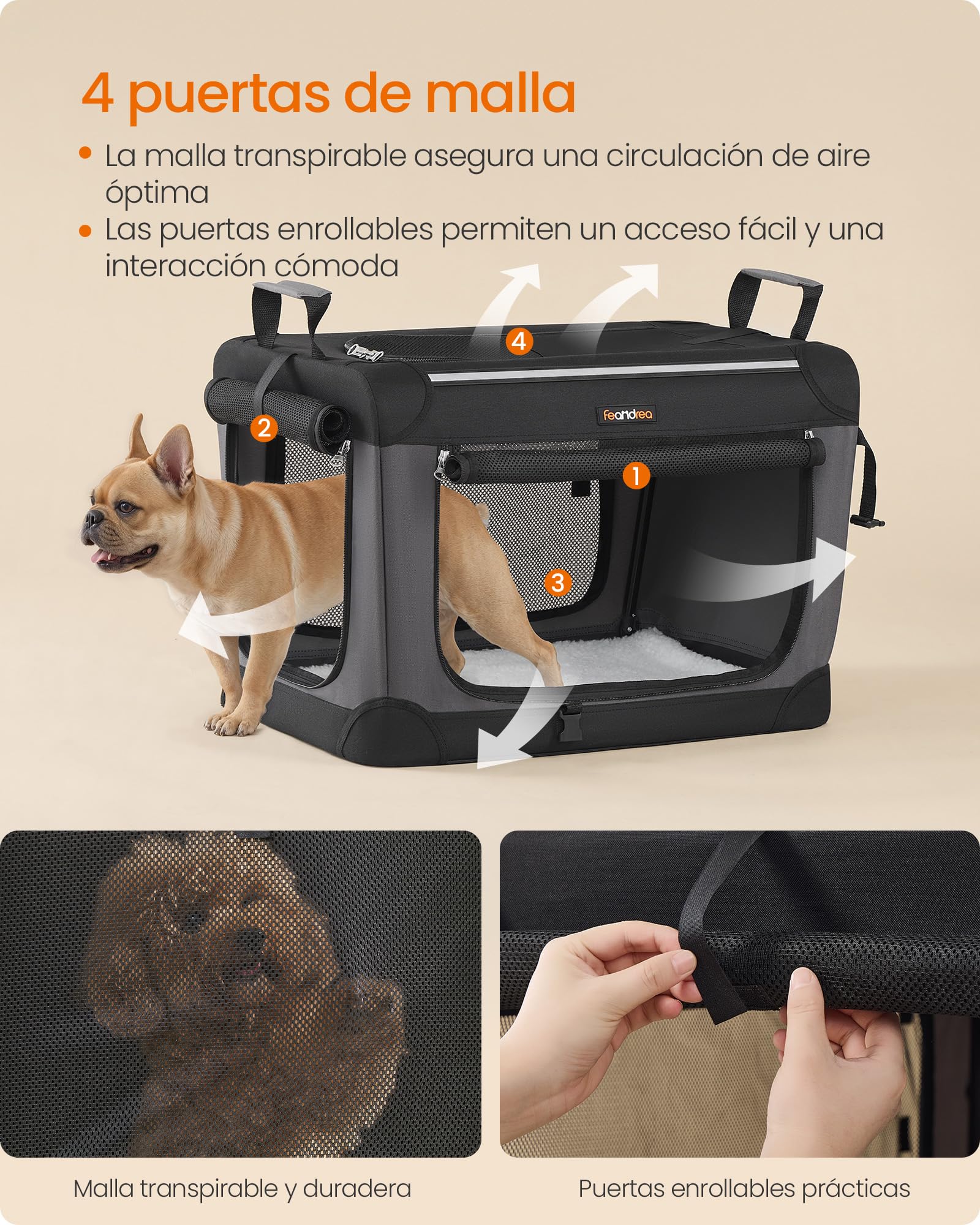 Feandrea Transportín para Perros, Plegable, 60 x 42 x 42 cm, para Perros Pequeños, Tela Oxford, Puertas de Malla, Asas y Bolsillo de Almacenamiento, Negro Tinta PDC016B01