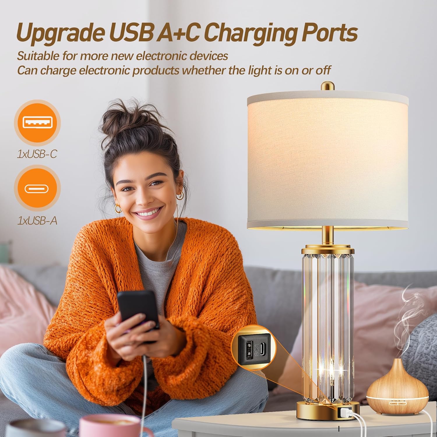 QiMH Gold Table Lamps for Bedroom Set of 2 with Nightlight, Modern Bedside Lamp with 2 USB A+C Charging Port, Clear Nightstand Lamp for Living Room White Shade Home Light Decor(LED Bulbs Included)