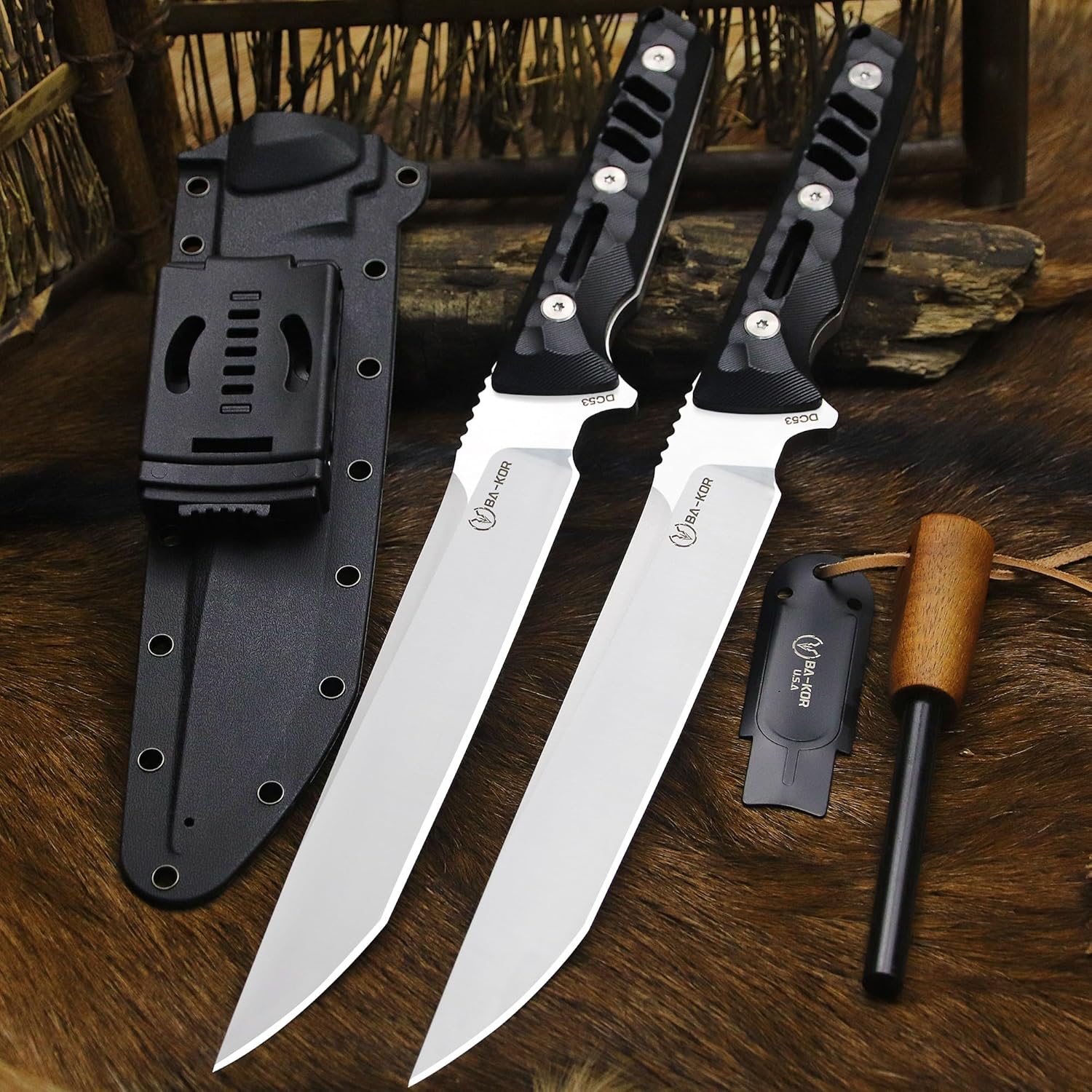BA-KOR 14.2in（Japanese Style） Full Tang Hunting Knife - 8mm DC53 Steel Survival Knife, Nylon Fiber Handle & Sheath, + (5.9in) cerium igniter, suitable for outdoor hunting, camping, survival, EDC tool