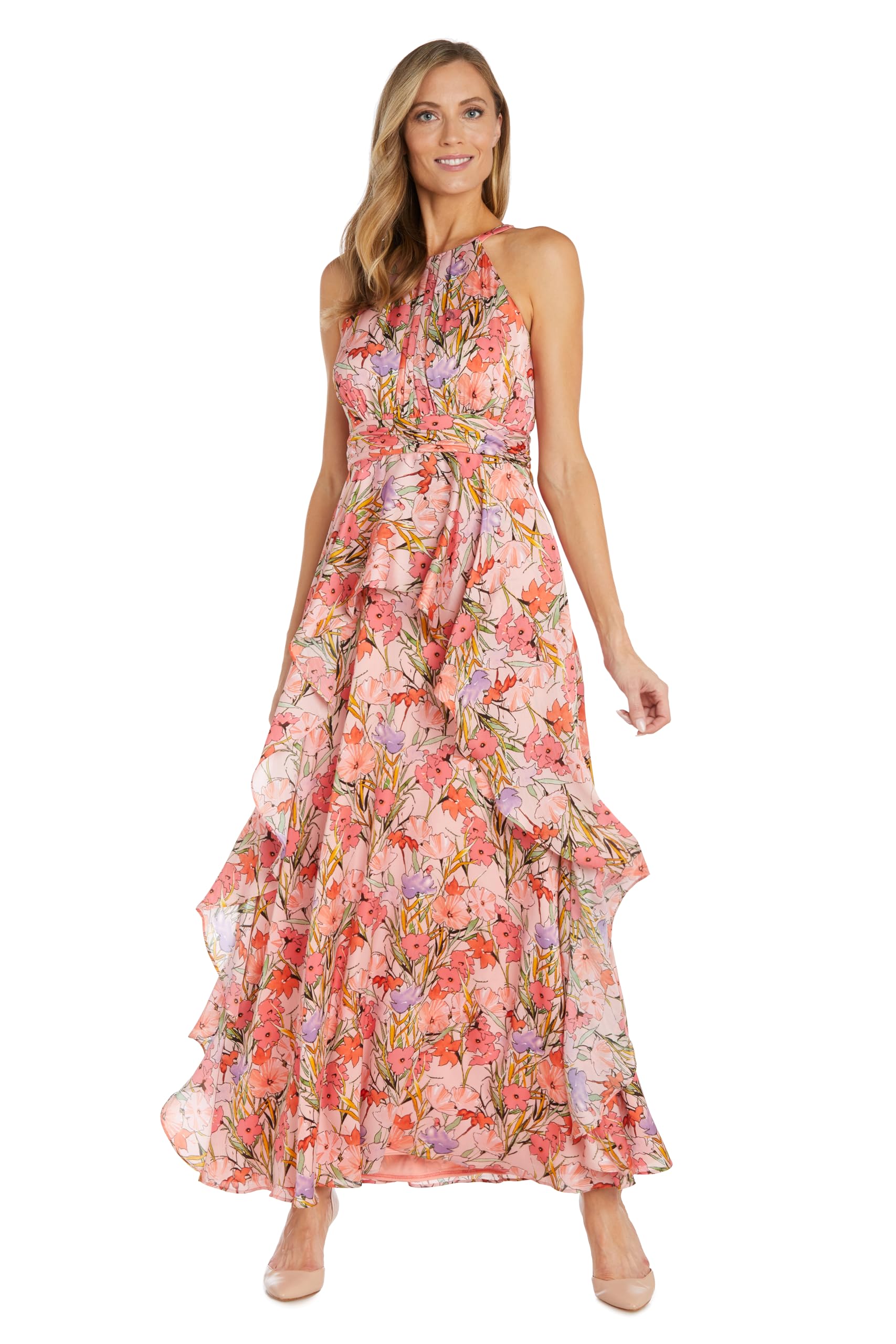 R&M Richards Bright Floral Satin Peplum Halter Maxi Dress