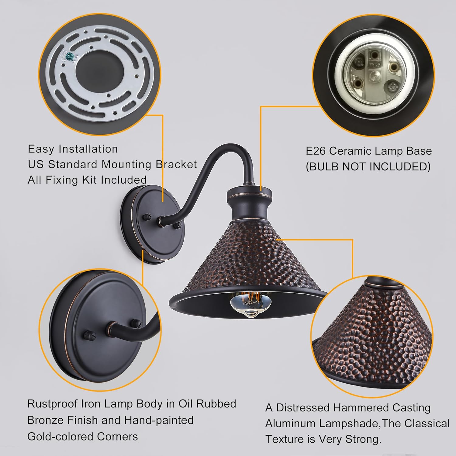 Gooseneck Outdoor Wall Sconce 1-Light E26 Socket Farmhouse Wall Mount Porch & Patio Lights,9.3Inch Width Casting Aluminum Shade,Oil Rubbed Bronze,Easily Installed in Outdoor and Indoor.