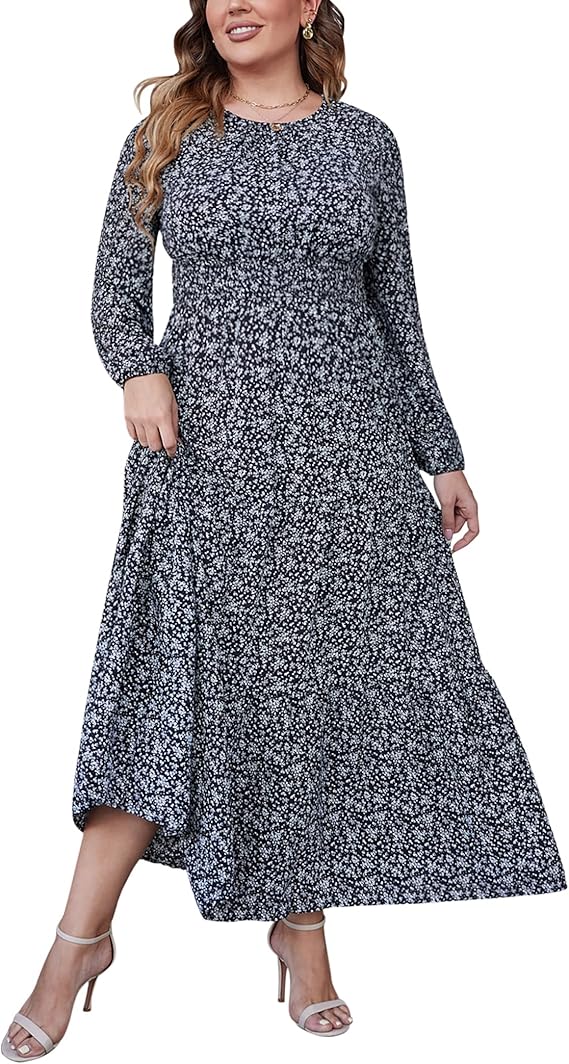 IN'VOLAND Women's Plus Size Boho Dress Floral Print Long Sleeve Ruffle Tiered Crew Neck Chiffon Flowy Long Maxi Dresses