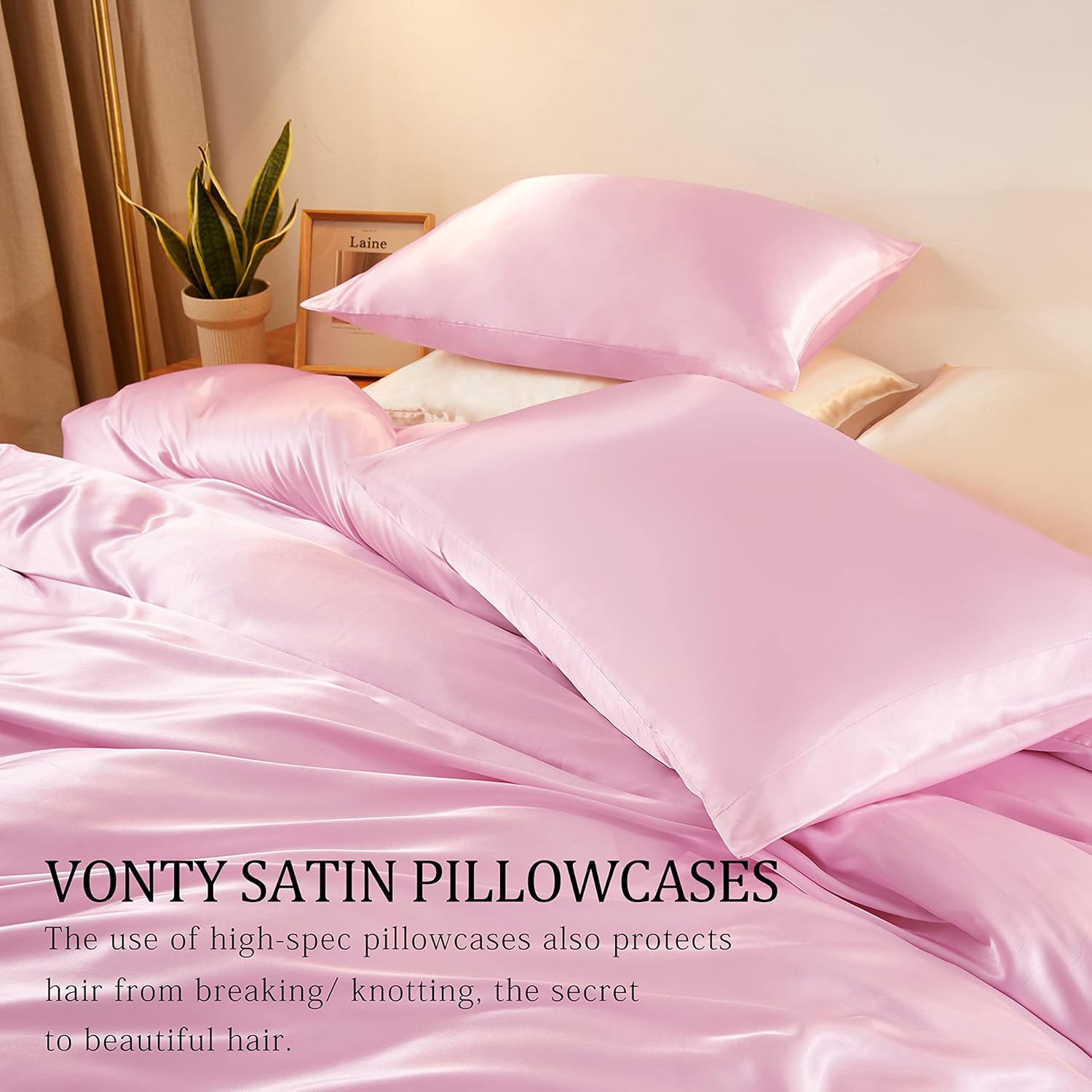 Vonty 3-Piece Silky Satin Duvet Cover Set Full/Queen Size Duvet Cover, Organic Natural 400TC Pink Duvet Cover Set - Luxury & Sexy Bedding Duvet Covers with Zipper Closure(No Comforter)