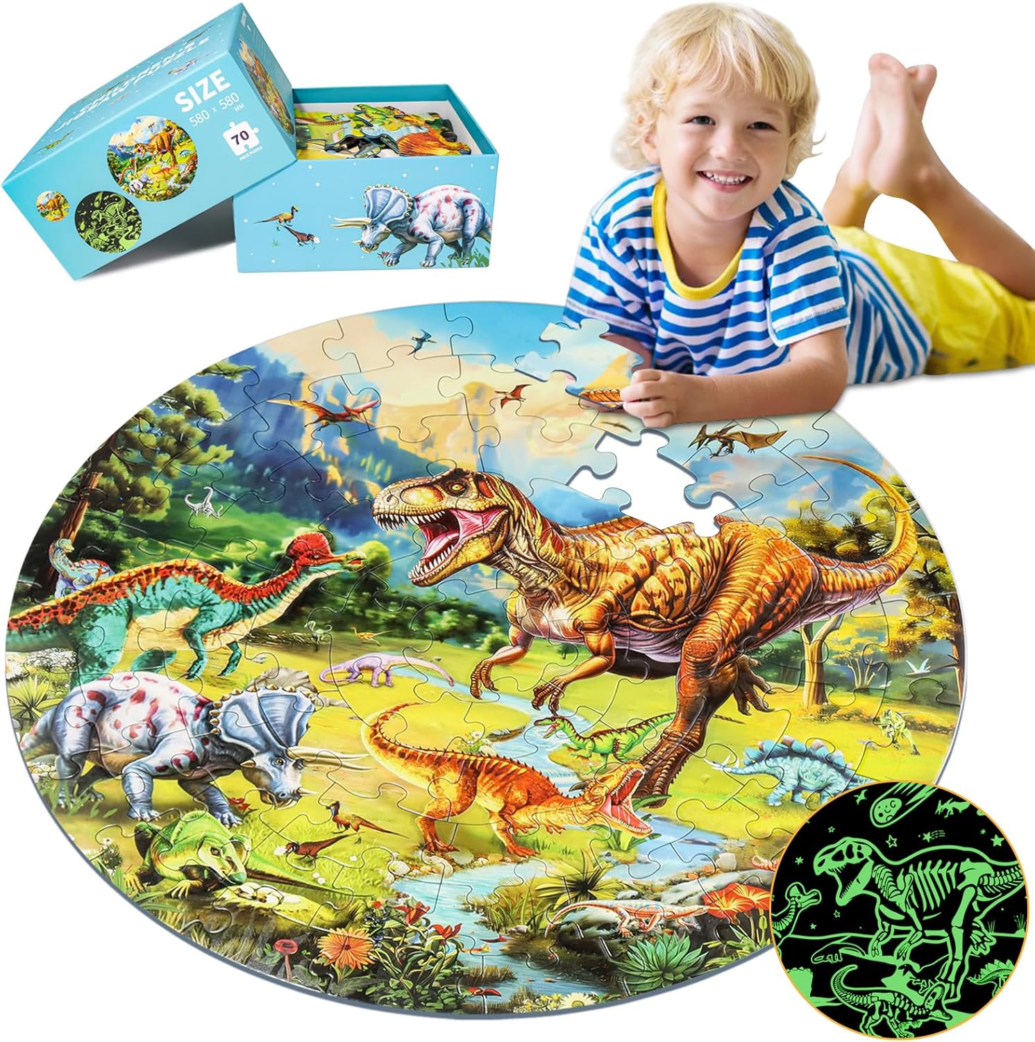 Glow-in-The-Dark Dinosaur Floor Puzzles for Kids Ages 4-6, Kids Jigsaw Puzzles Ages 6-8, 70PCS Large Round Dino Educational Puzzle Toys for 3 4 5 6 7 8 Years Old Children, Easter Gifts for Kids
