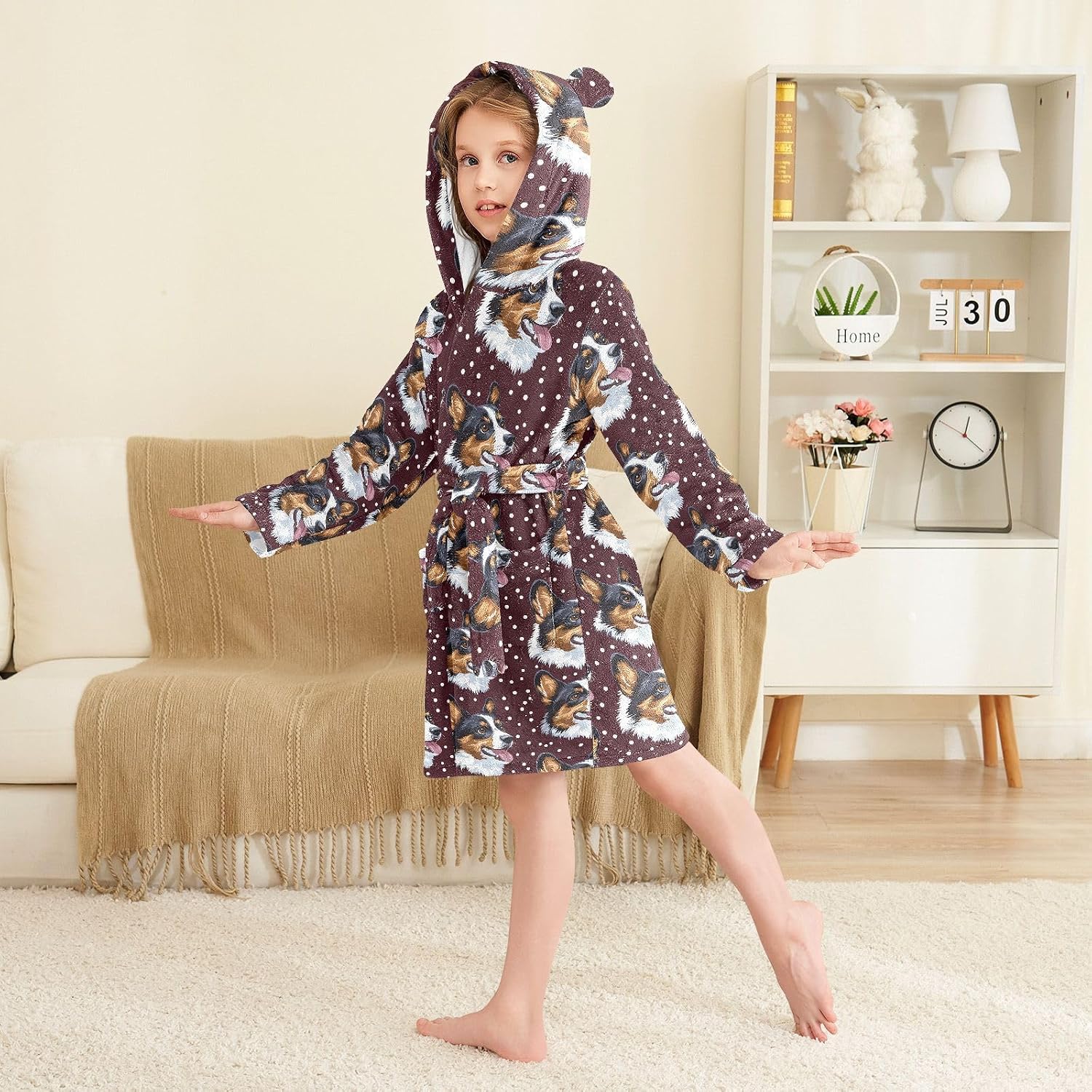 senya Cute Corgi Polka Dot A Toddler Hooded Bathrobe Kids Soft Plush Bath Towel Robes for Boys Girls 2-12 Years