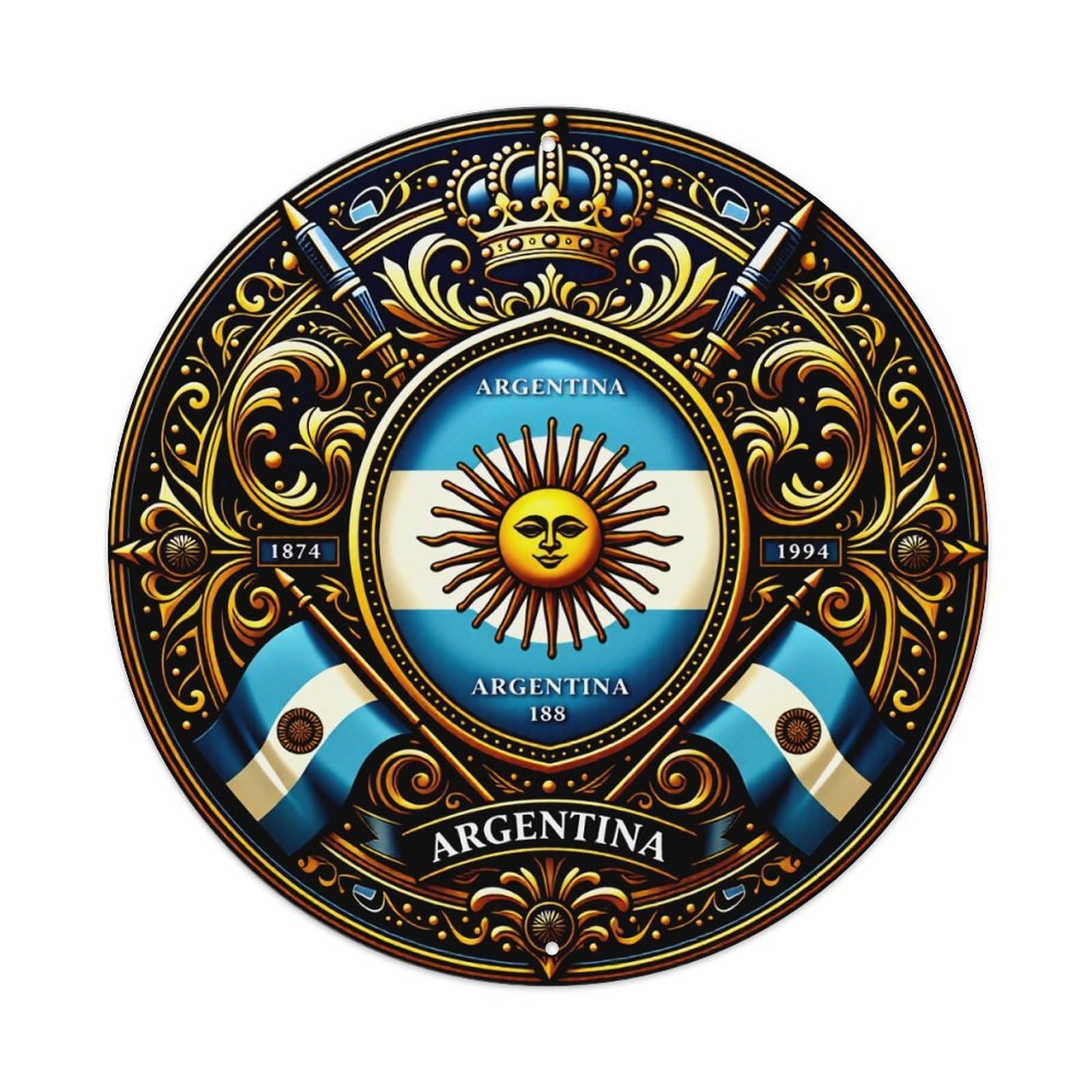 Argentina National Emblem With Sun And Flags Metal Tin Sign Plaque