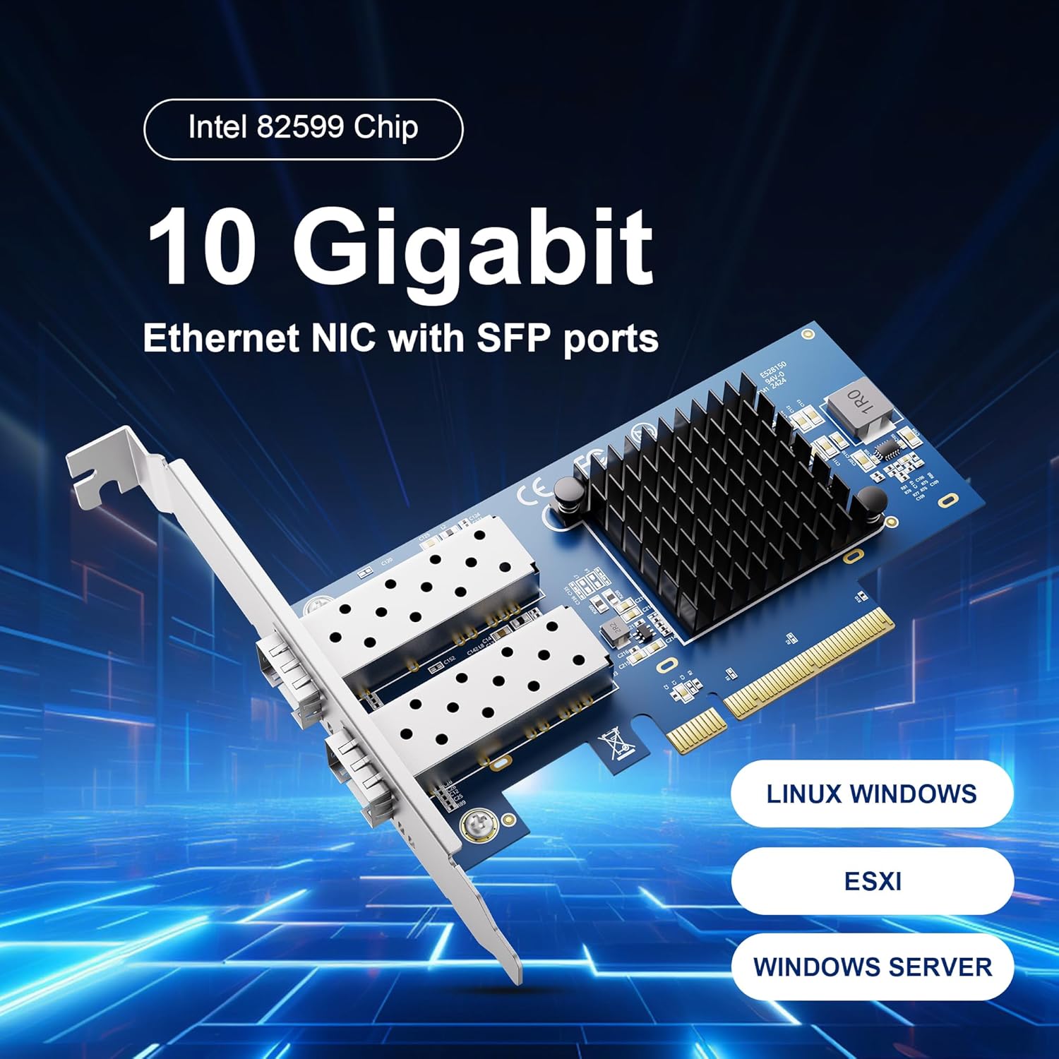 BZUZI 10Gb PCIe NIC Network Card,Dual SFP Ports,Intel 82599 (X520-DA2) Controller,High-Speed Ethernet Adapter, Compatible with Windows Server, Linux, VMware,Low Profile Bracket Included