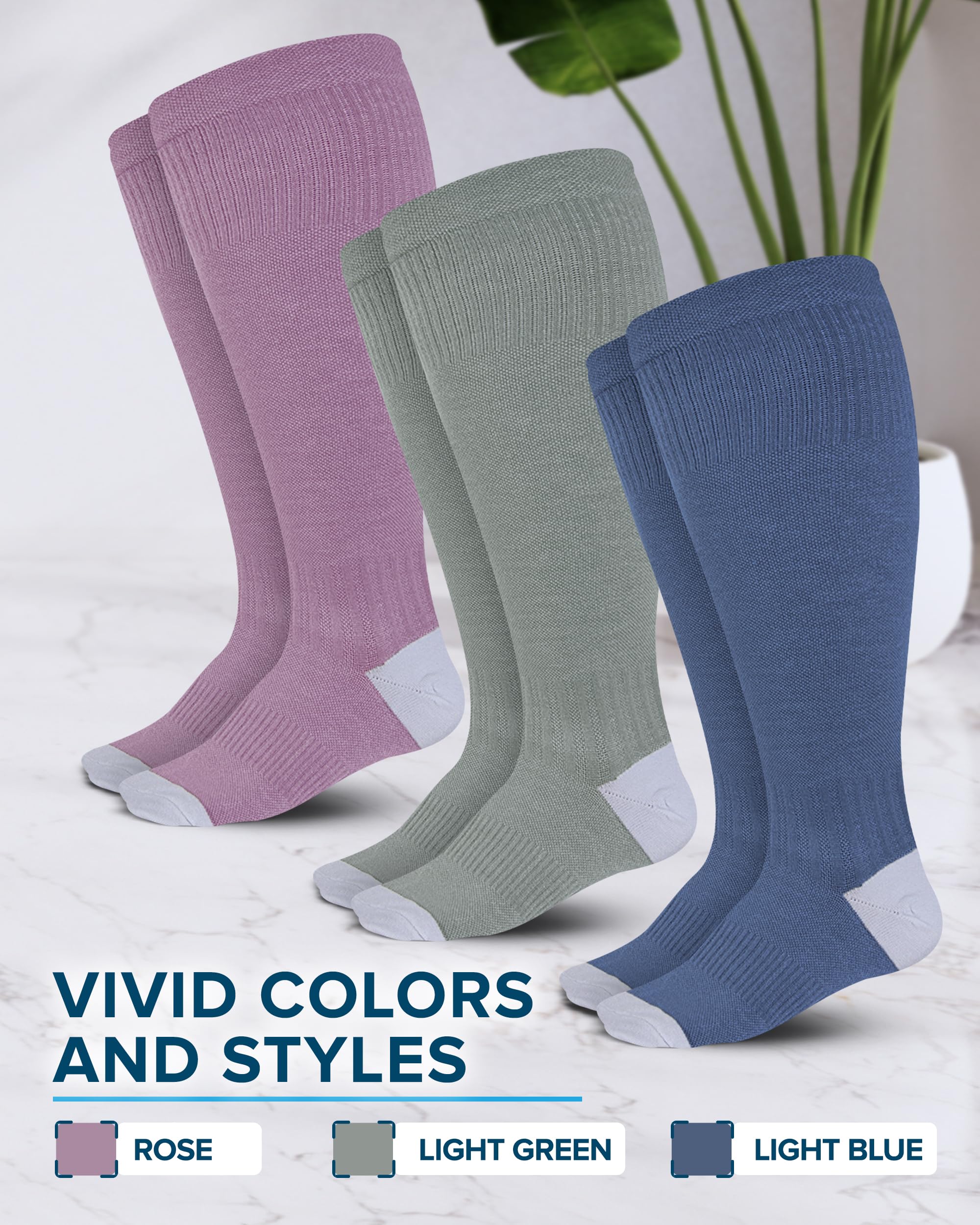 Doctor's Select 3 Pairs Plus Size Compression Socks Wide Calf | Bamboo Viscose Knee High Socks for Circulation Support | Compression Socks for Nurses, Travel, Running | Blue, Teal, Dark Gray