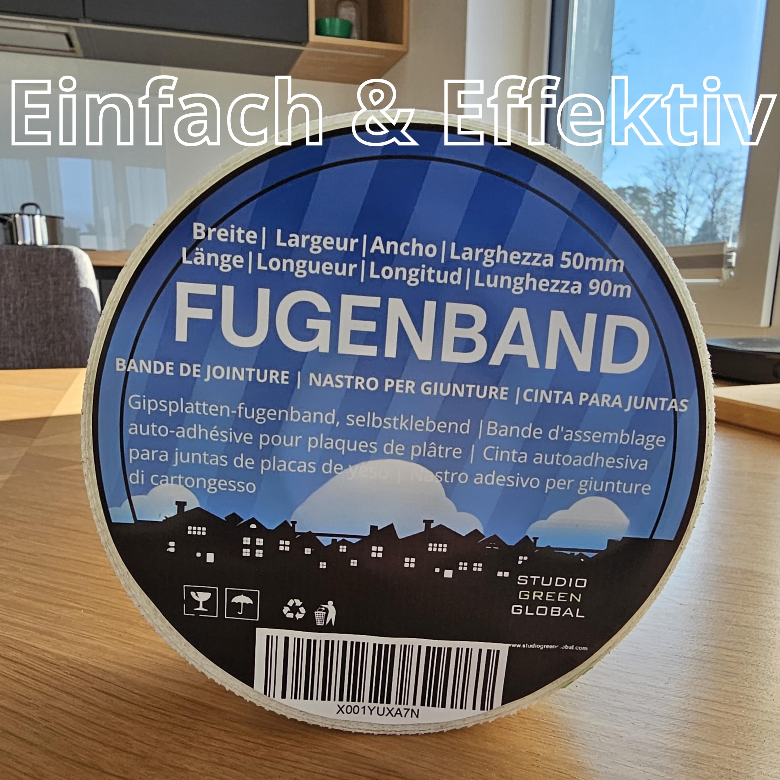 Selbstklebendes Fugendeckband, 50 mm x 90 m, als Bewehrungsstreifen zum Verfugen von Gipskartonplatten.