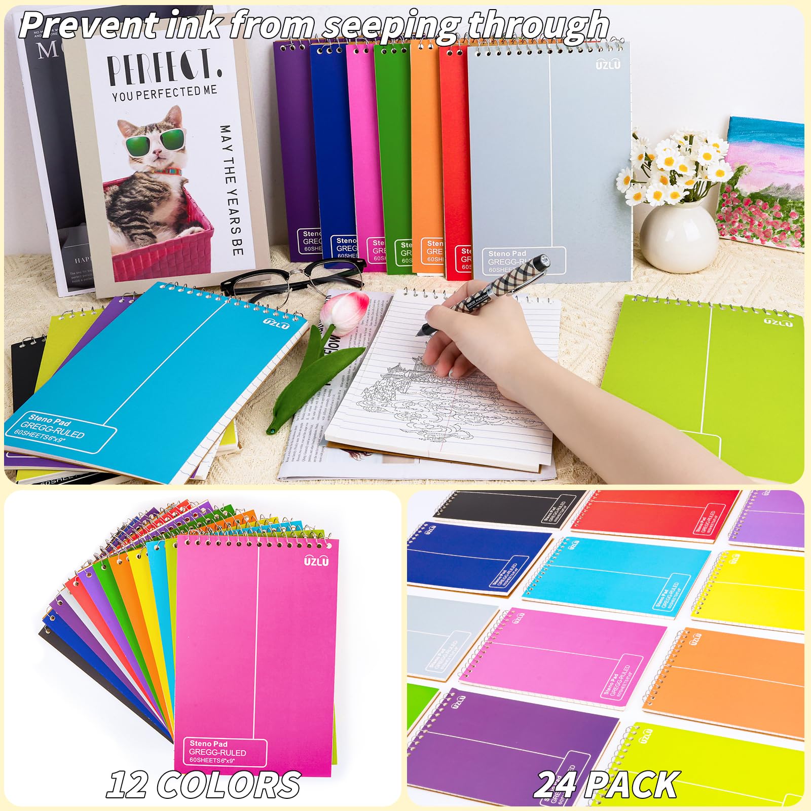 Paquete de 24 blocs Steno de 6 x 9 pulgadas, cuaderno con tapa en espiral a granel, 12 bloc de notas de colores surtidos, 60 hojas, papel de escritura Gregg, cuadernos Steno para estudiantes