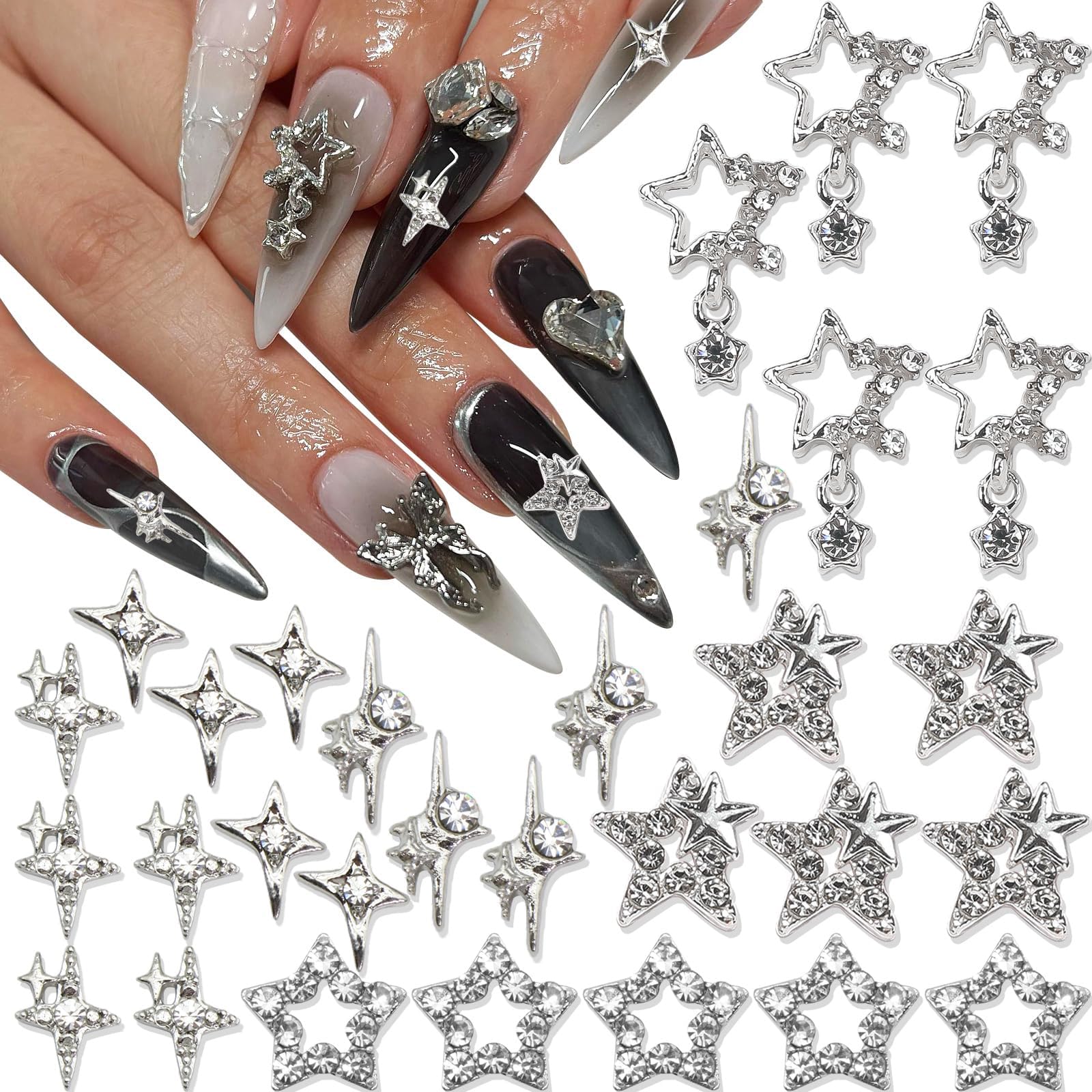30 pièces de charmes à ongles en forme d'étoile, argent brillant, étoiles 3D, pierres à ongles, bijou d'ongle lumière d'étoile, charmes Y2K pour ongles en acrylique, décoration, scintillants