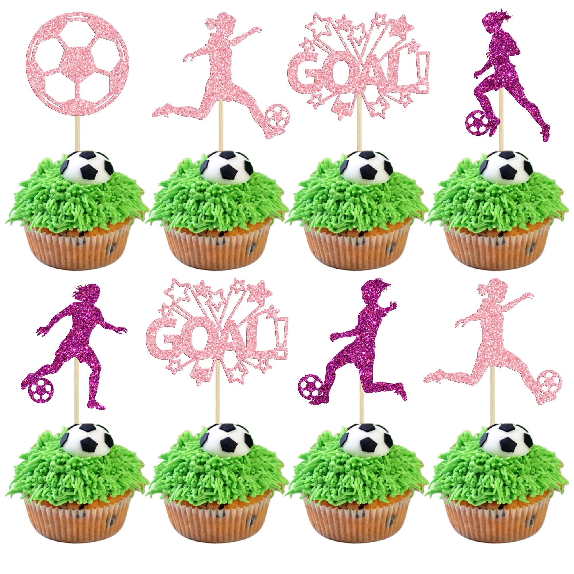 24Pcs Soccer Cupcake Toppers Glitter Women Girl Football Cake Decorations Sports Theme Cupcake Picks for Soccer Party Decoration Baby Shower Cake
