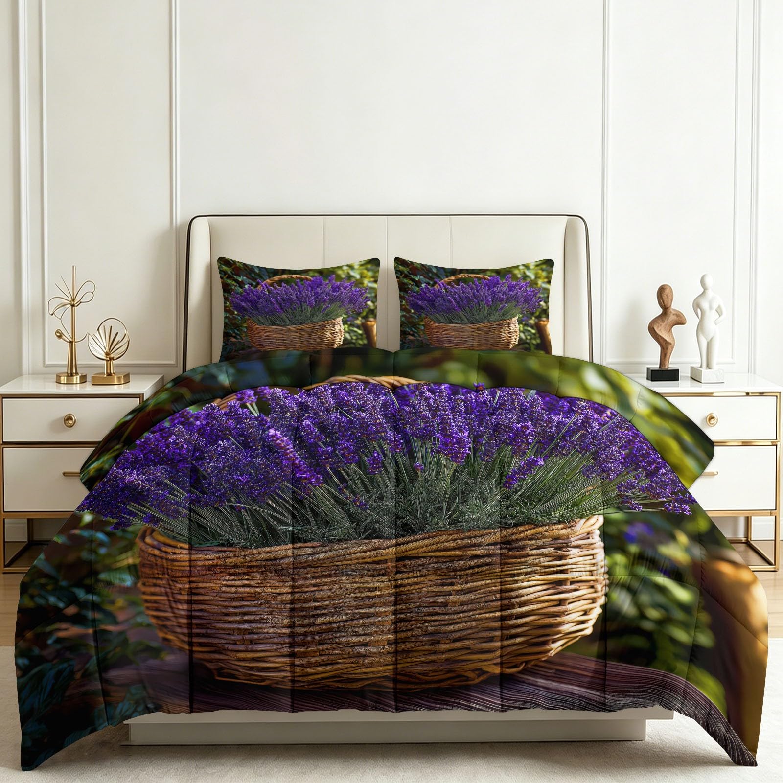 Genérico Kołdra z wypełnieniem nordyckim 220x240cm Lavender Flower Basket Quilt Bedding 3D Print Soft Breathable, Supersoft 4 Seasons with 2 Pillowcases