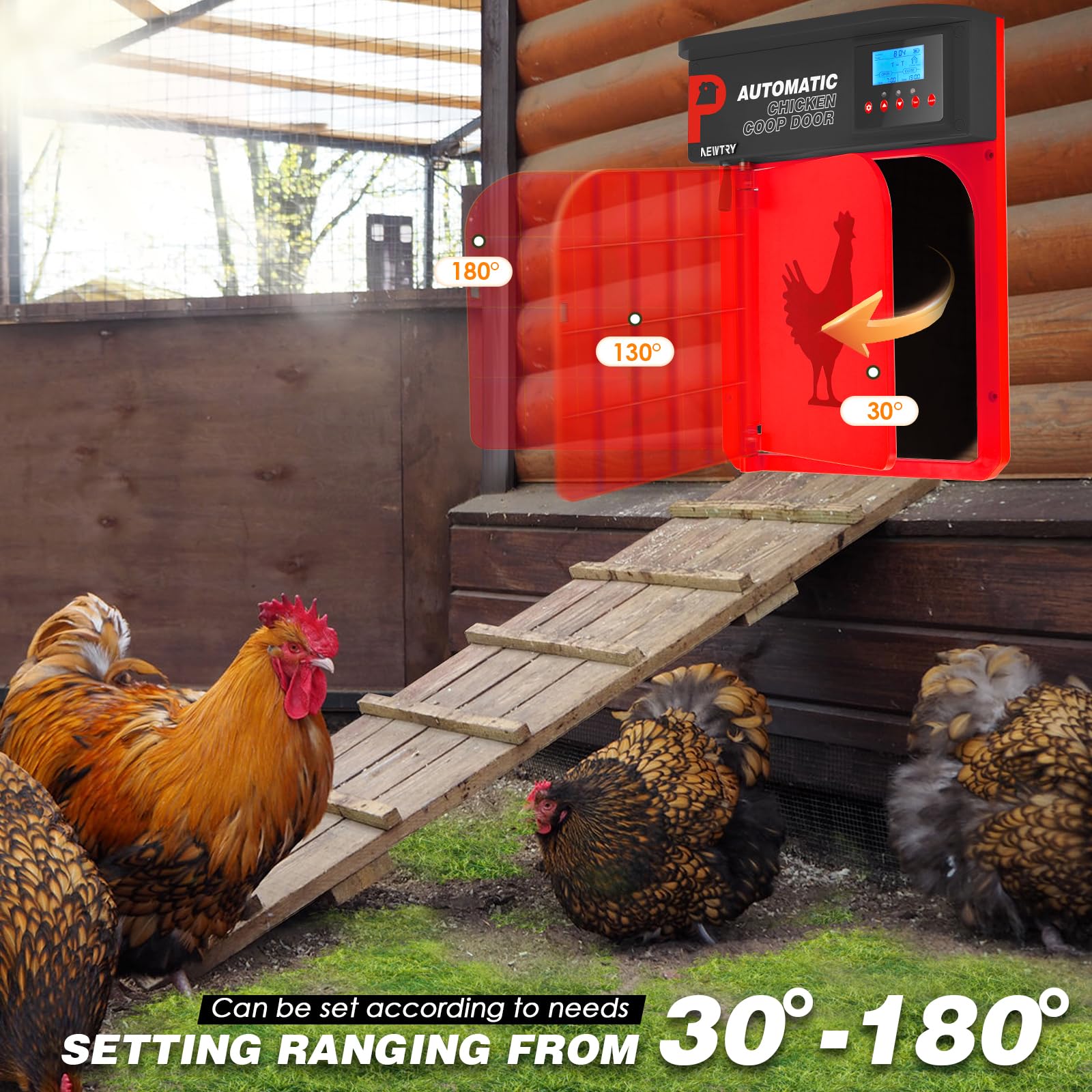 NEWTRY Abrepuertas Automático para Gallinero, Puerta Pivotante con Temporizador y Sensor de Luz, Anti-pellizco, 10W Energía Solar con Mando a Distancia de 40m (Rojo)