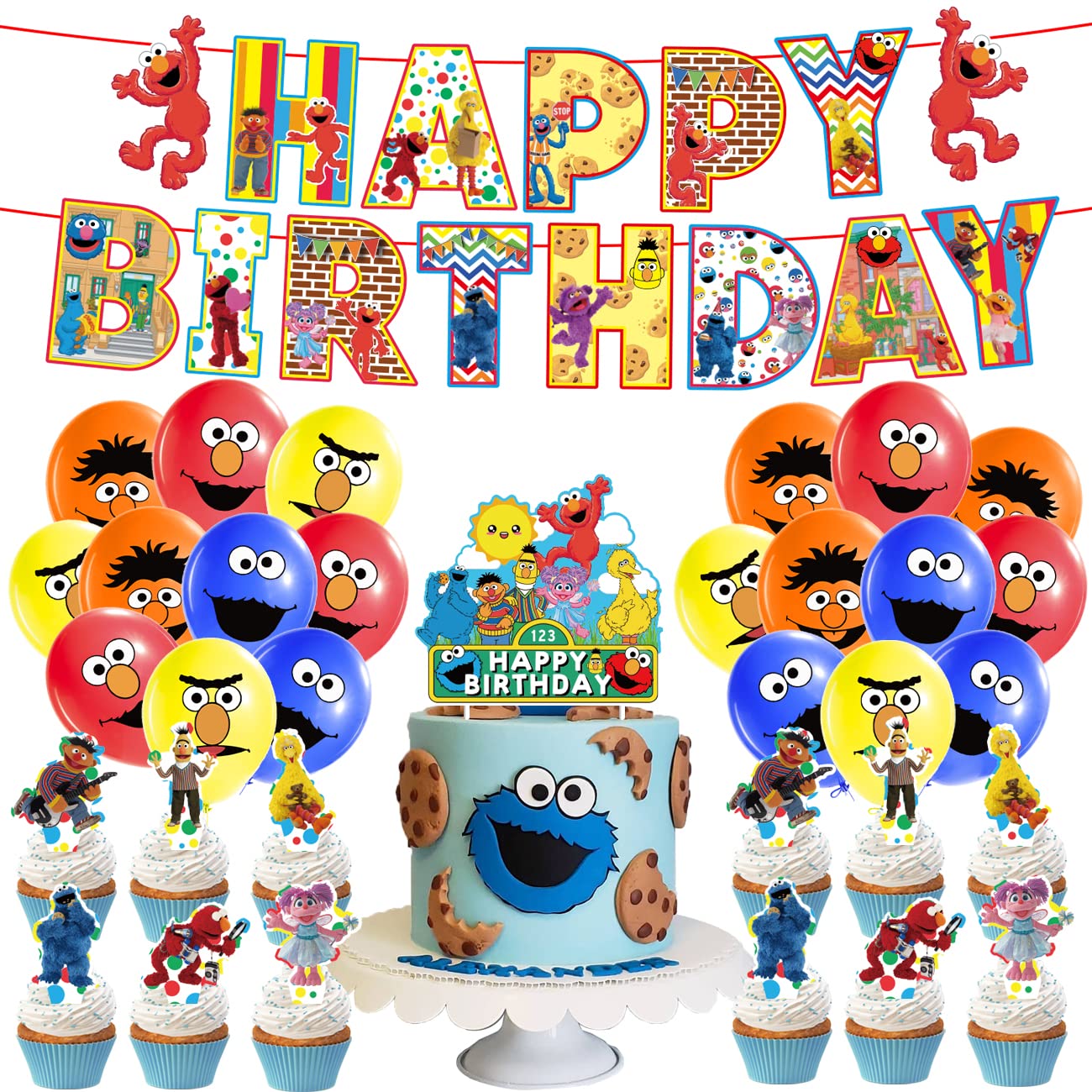 Party Supplies-Tomicy 34 Pcs Birthday Party Decorations Set with Cake Topper Happy Birthday Banner Latex Balloons Cupcake Toppers for Kids and Adults Party