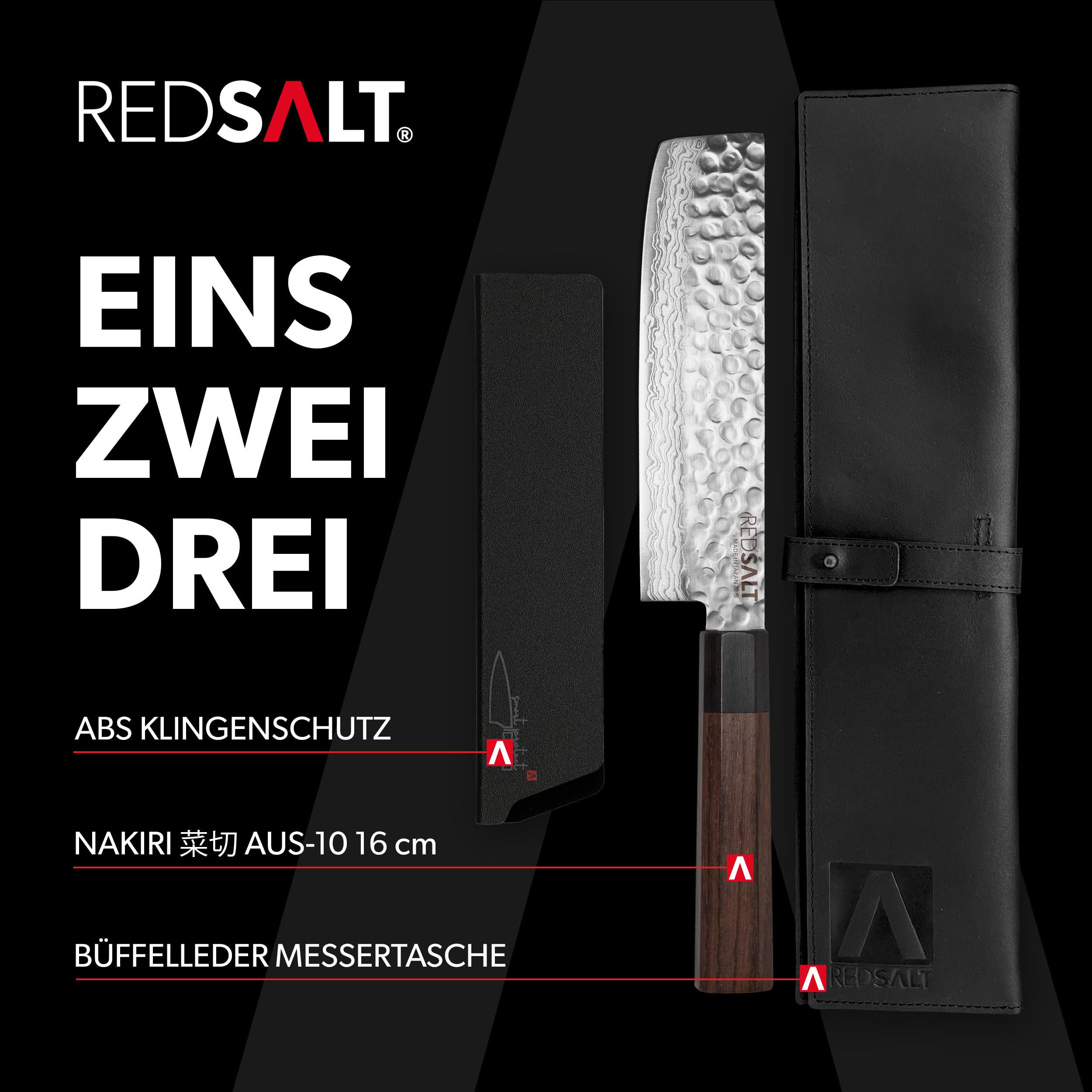 REDSALT® Professional Series NAKIRI 菜切 16cm coltello da cuoco damasco fatto a mano in Giappone | Coltello da chef professionale extra affilato in acciaio inox lama martellata | Coltello da cucina