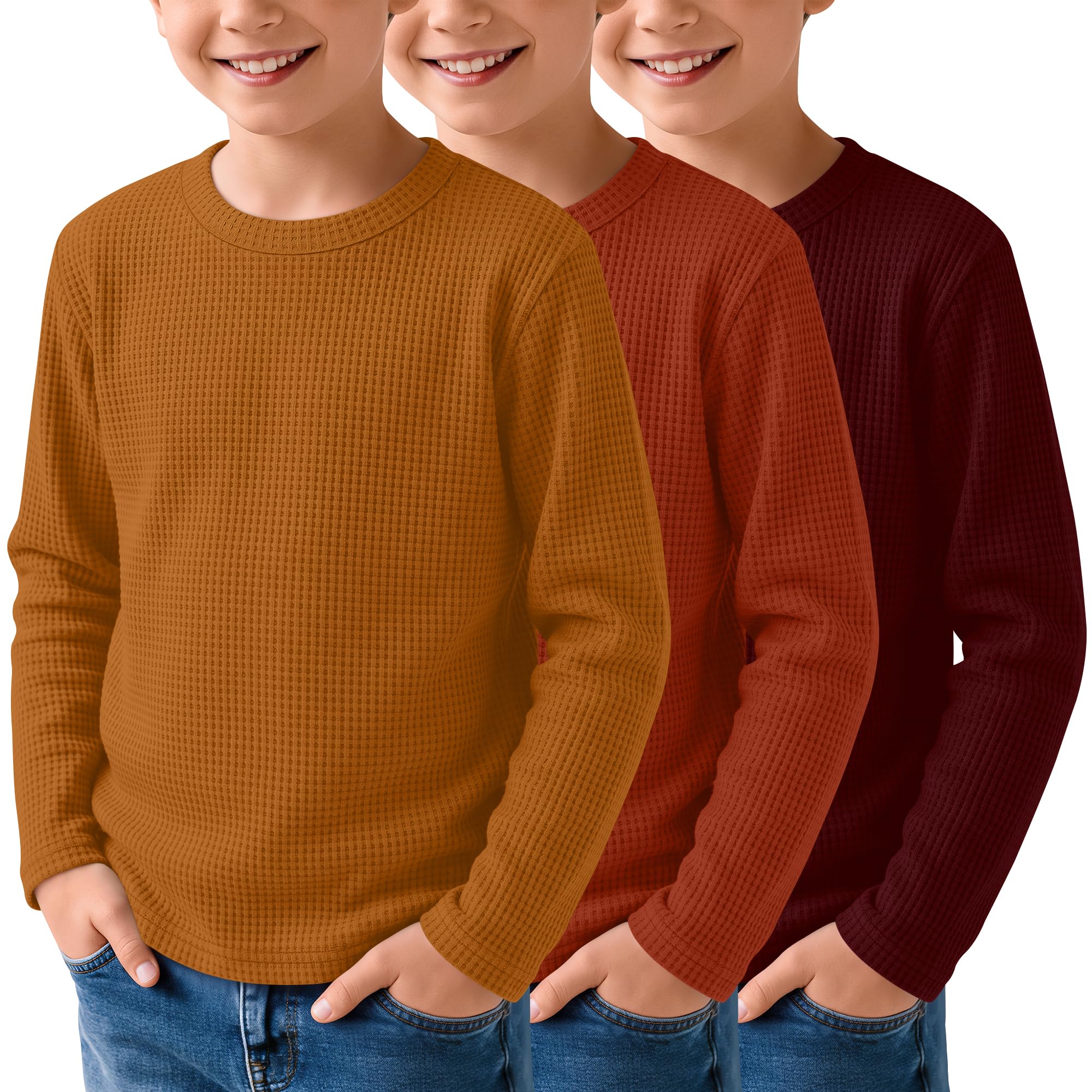 3 Pack Boys Waffle Shirts Kid Long Sleeve Warm Tops