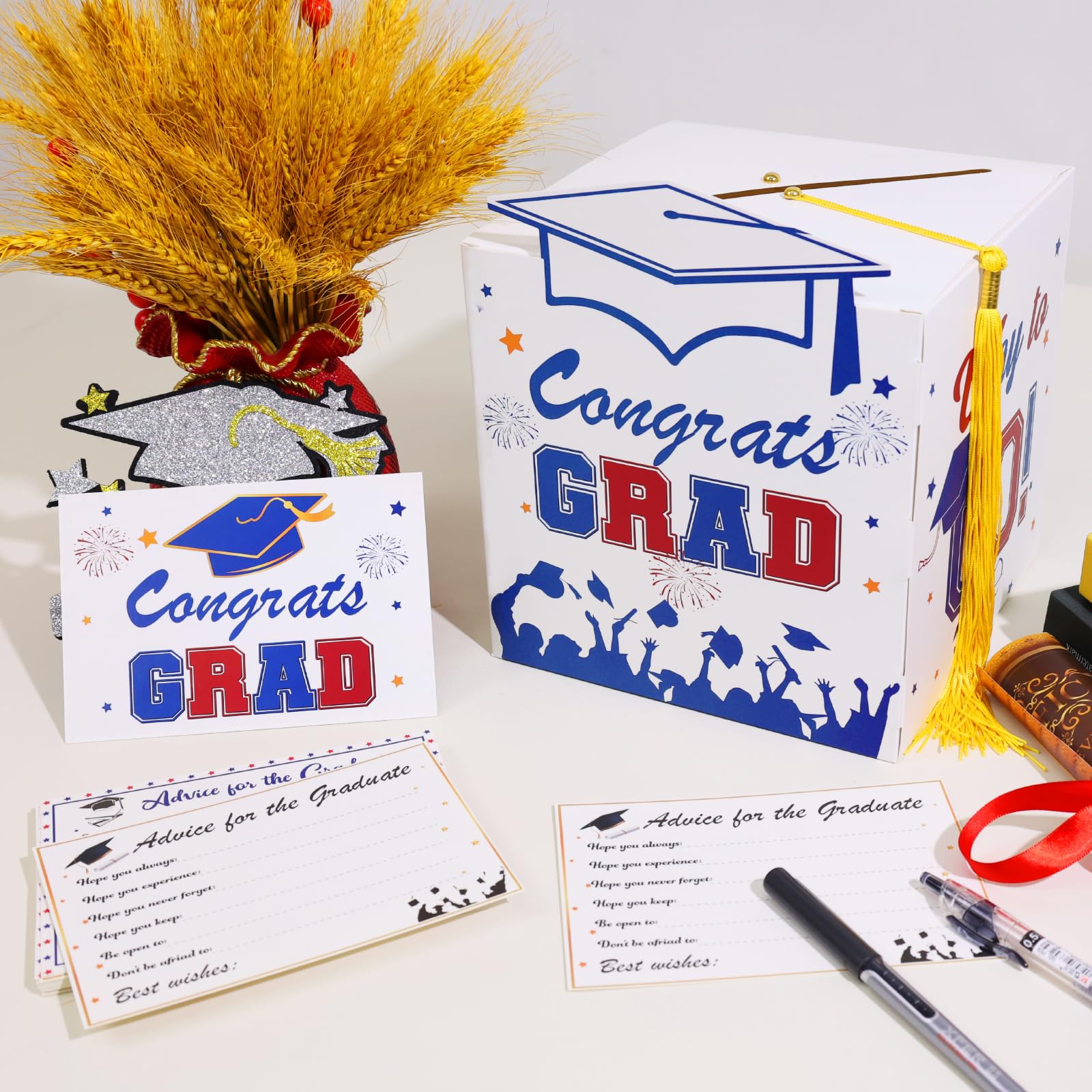 Premium Graduation Card Box, with 12pcs Cards and Tassel, HQ Thickened Foldable Cardboard Congrats Grad Box Holder, Classic Design, HD Printing, Perfect for Graduation party decorations 2025