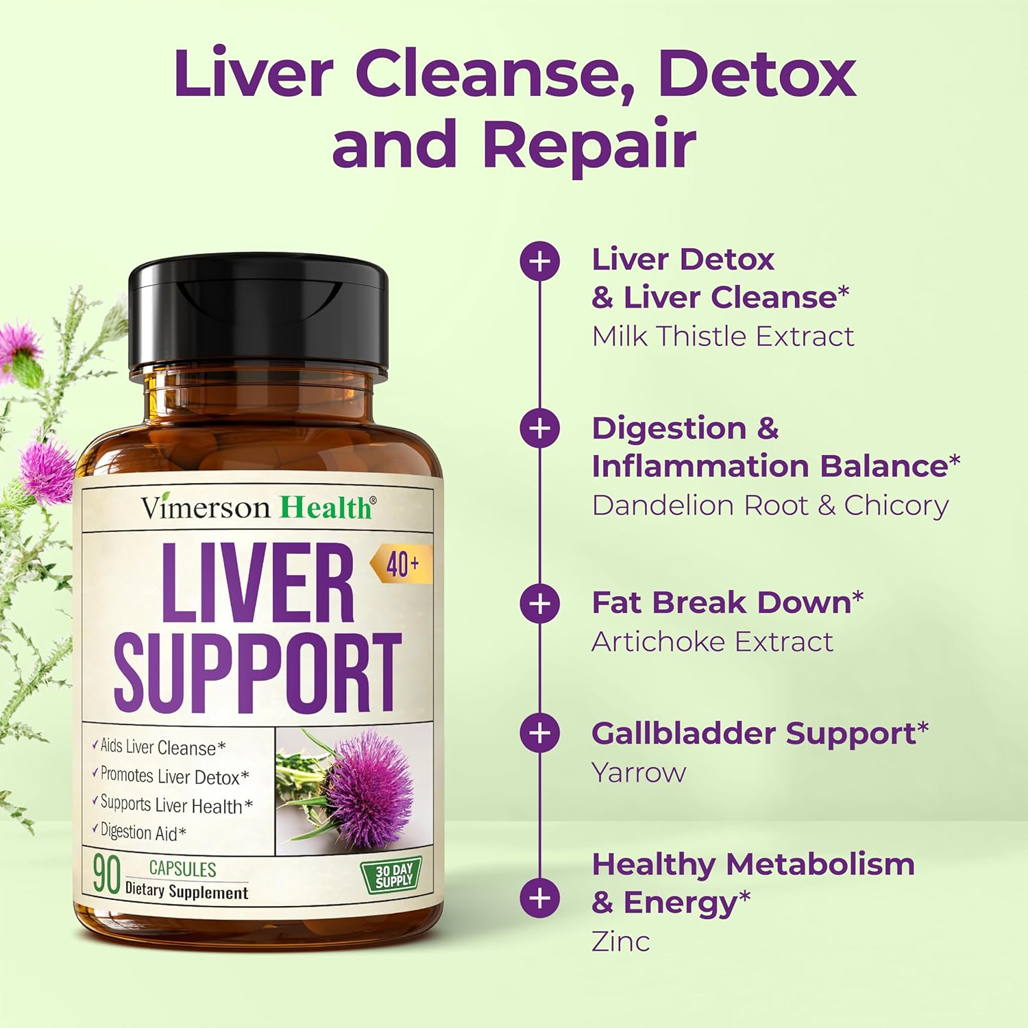 Liver Support with Artichoke Extract, Enzymes, Silymarin 50% Milk Thistle, Dandelion Root, Lipase & Protease, Solarplast® Antioxidants – Supports Detox, Digestion & Energy. 90 Capsules, 30 Day Supply