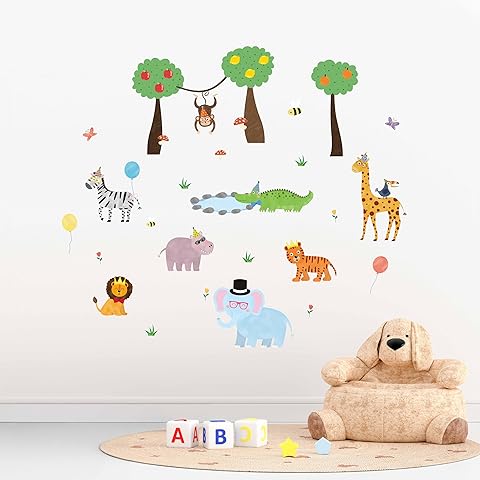 Safari Jungle Animal Wall Decals, 56-Piece Vinyl Stickers with Giraffe, Lion, Eleph...
