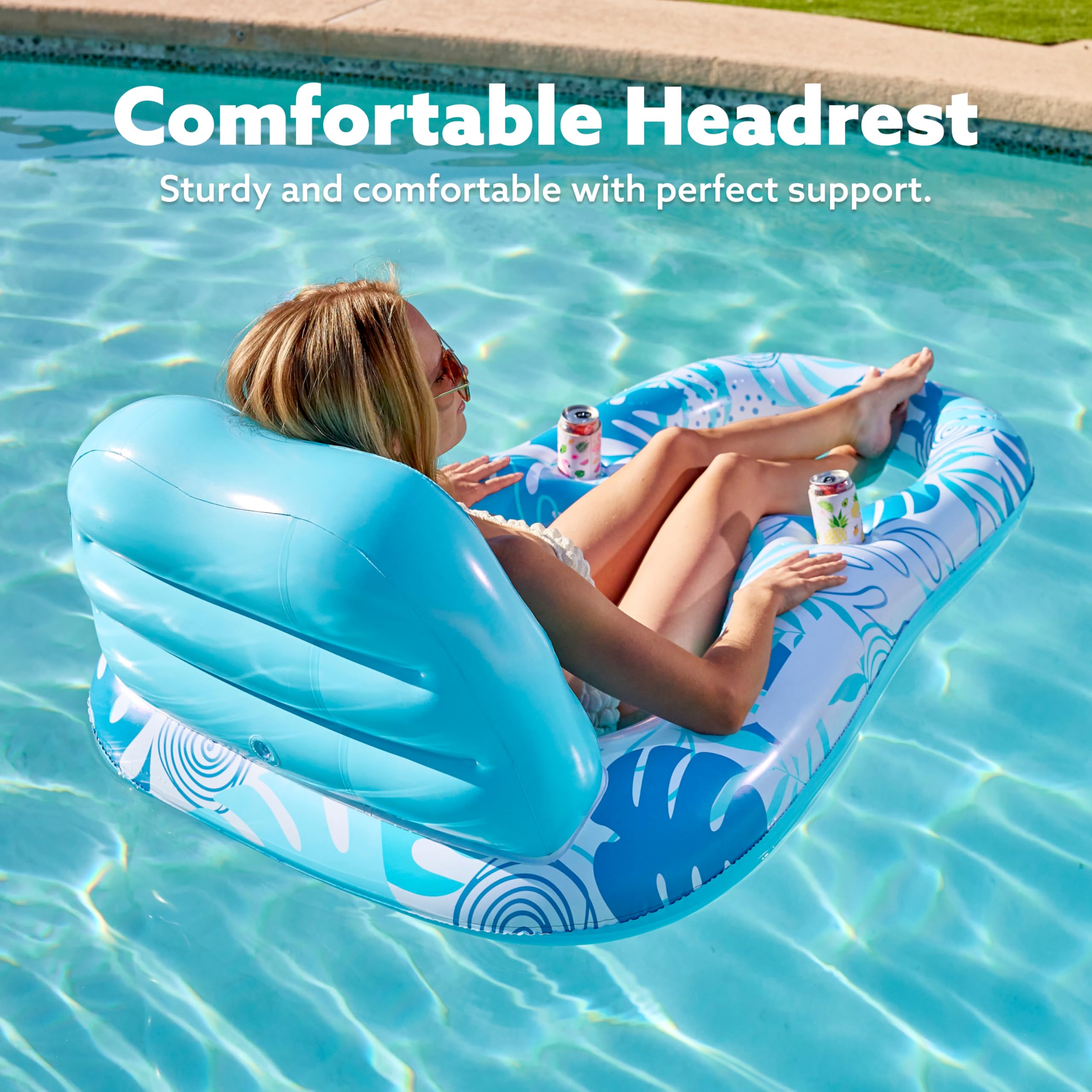 SLOOSH Aufblasbare Pool-Schwimmer, Liege für Erwachsene, Pool-Schwimmer, Lounge, Floaties, Wasserschwimmer, Liegestuhl mit Getränkehaltern, Fußstütze, Schwimmend (blau, rosa), 2 Packungen