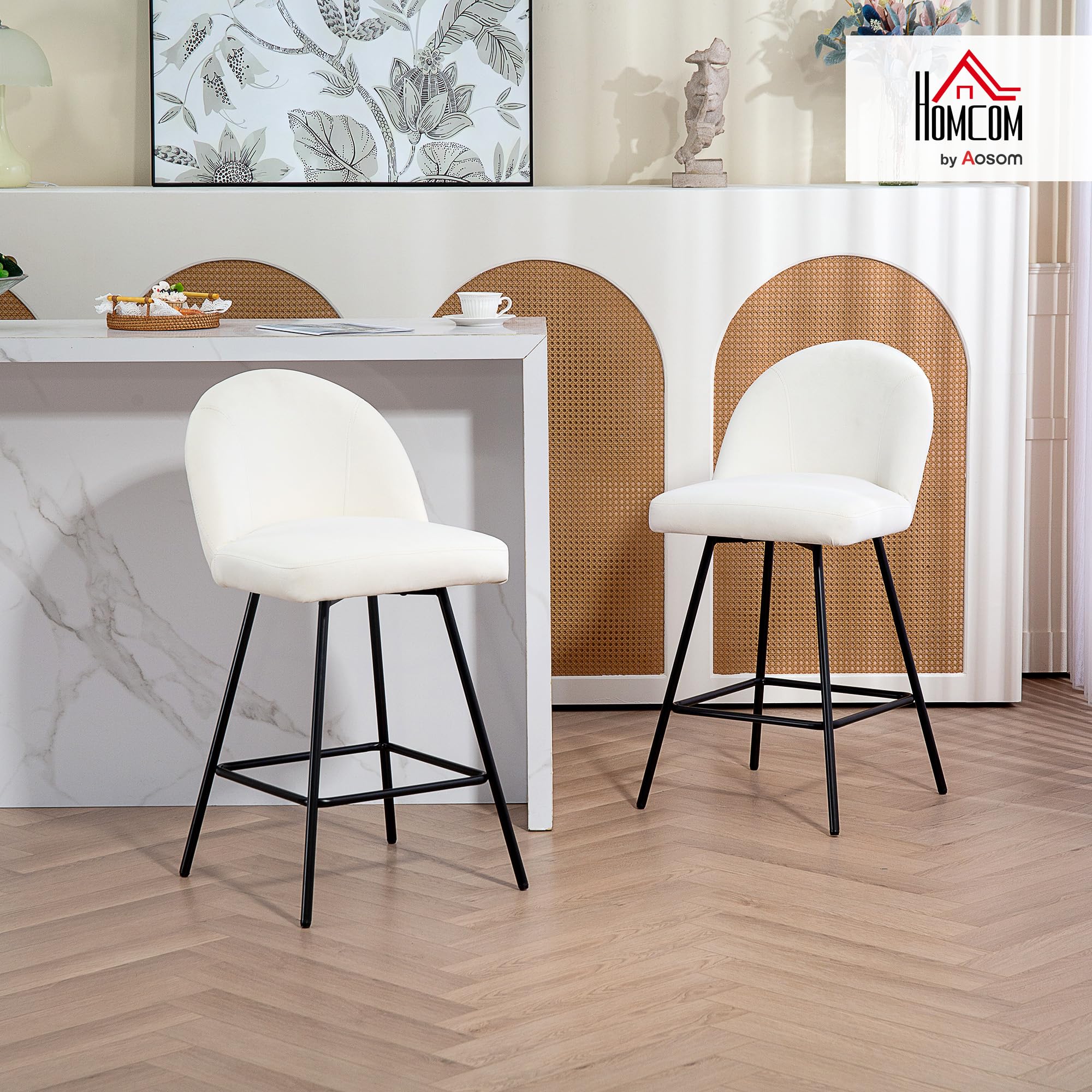 HOMCOM Set 2 Sgabelli da Bar con Poggiapiedi, Sedie Alte con Schienale in Velluto per Bancone Bar e Isola da Cucina, 48.5x56x92 cm, Bianco Crema